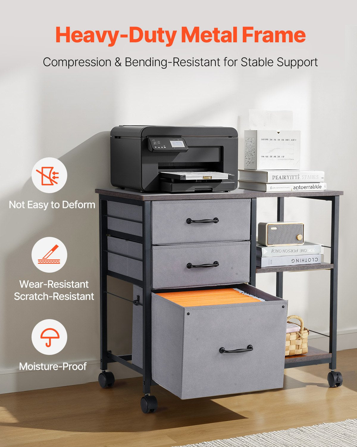 Makeup Organisation & Storage: VEVOR Mobile Metal File Cabinet with 3 Fabric Drawers and 2 Open Shelves Brown
