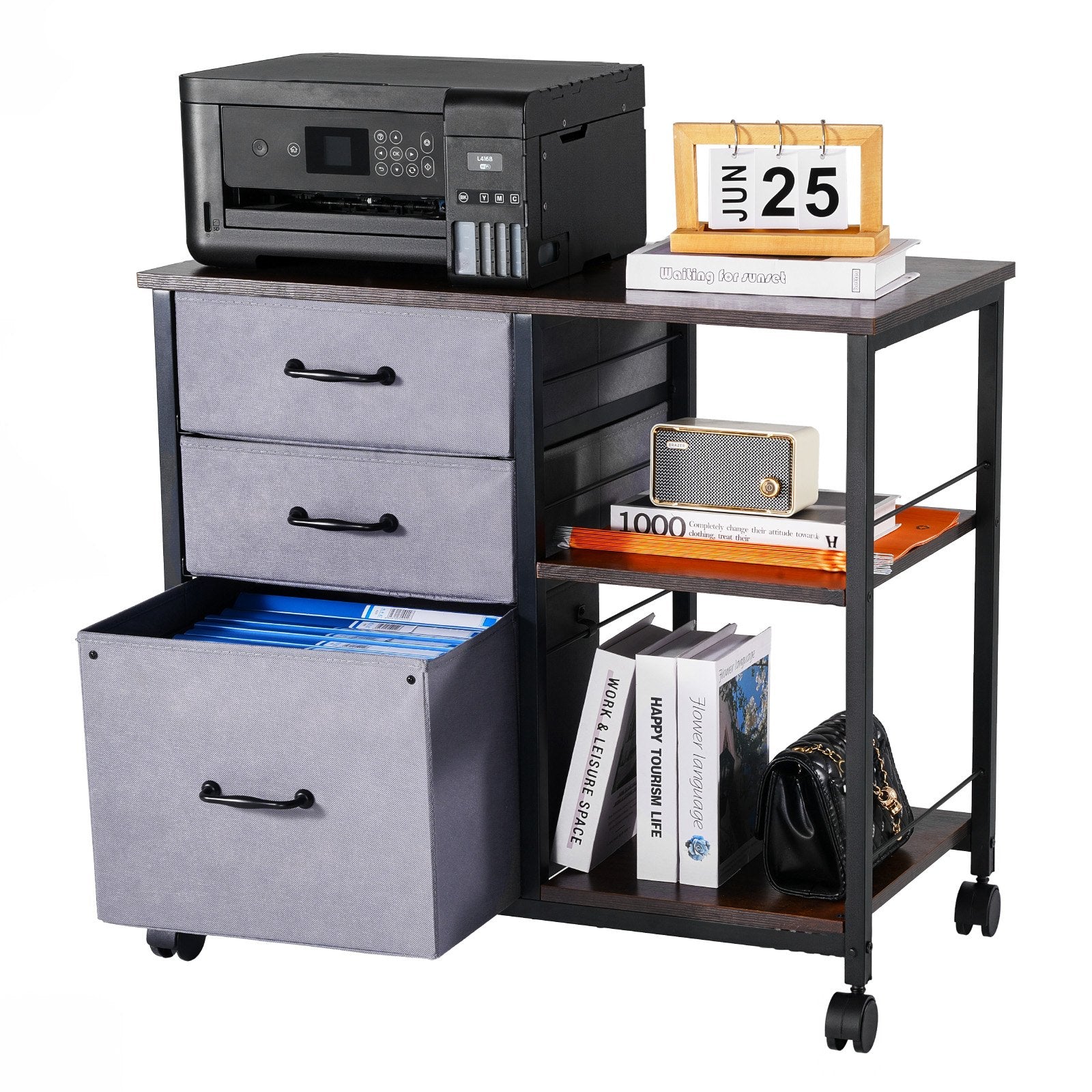 Makeup Organisation & Storage: VEVOR Mobile Metal File Cabinet with 3 Fabric Drawers and 2 Open Shelves Brown
