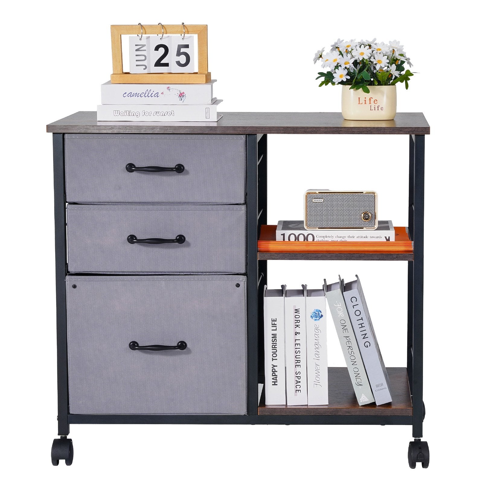 Makeup Organisation & Storage: VEVOR Mobile Metal File Cabinet with 3 Fabric Drawers and 2 Open Shelves Brown