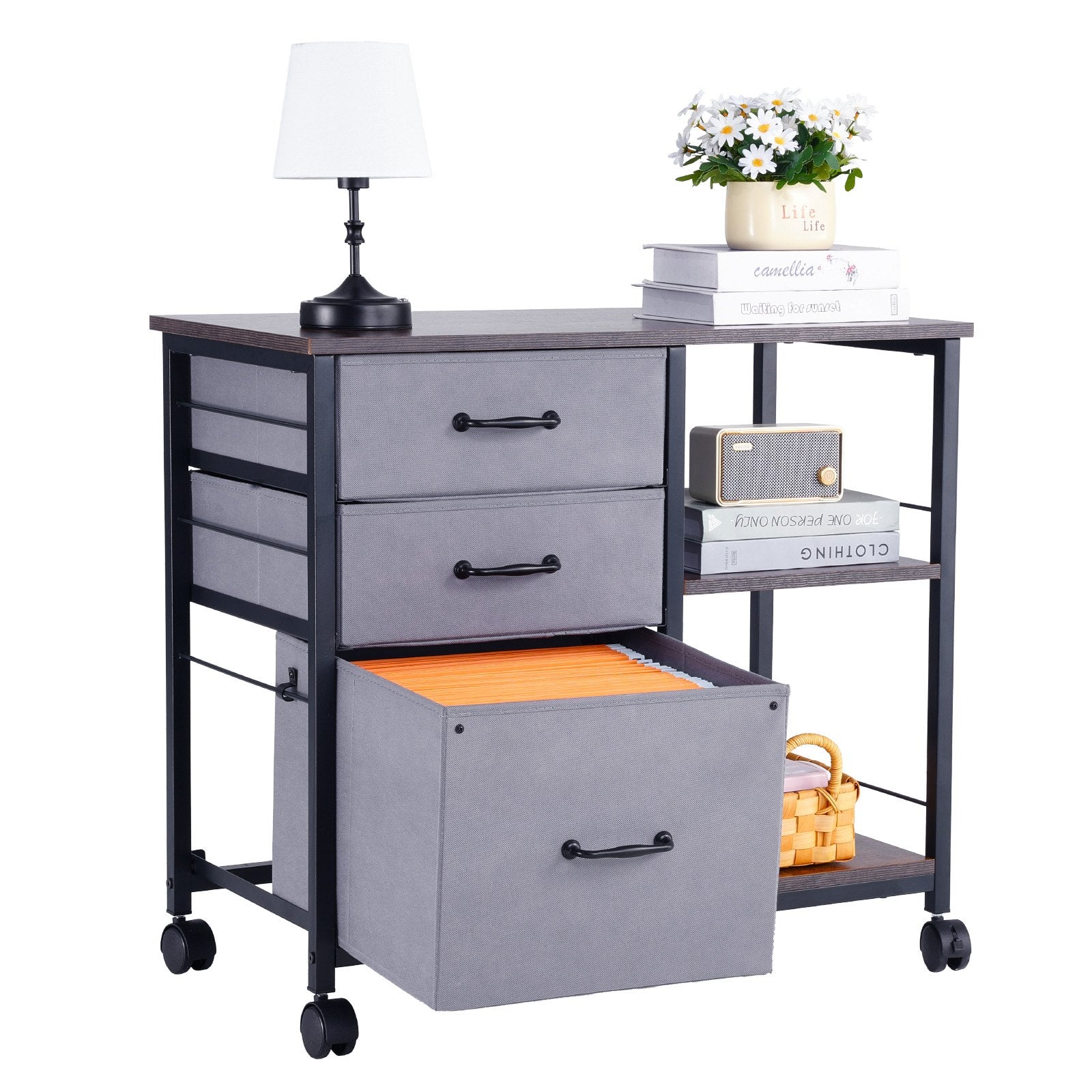 Makeup Organisation & Storage: VEVOR Mobile Metal File Cabinet with 3 Fabric Drawers and 2 Open Shelves Brown