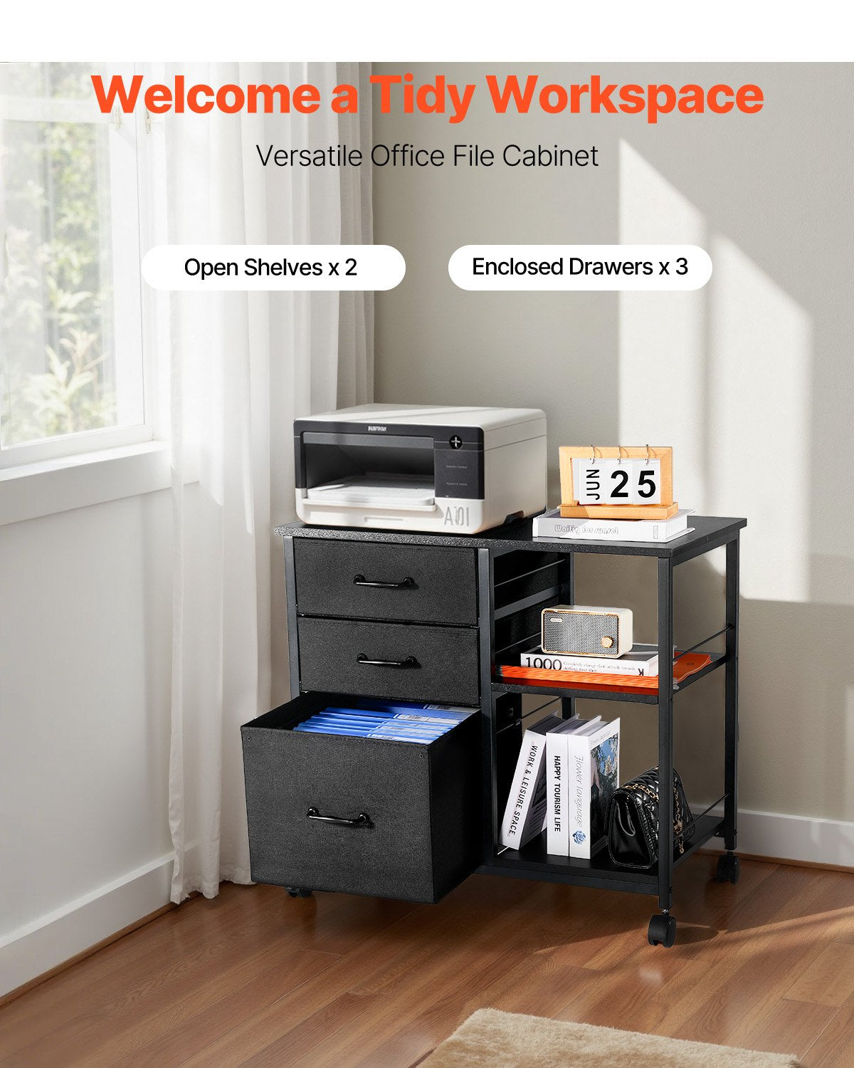 Makeup Organisation & Storage: VEVOR Mobile Metal File Cabinet with 3 Fabric Drawers and 2 Open Shelves Black