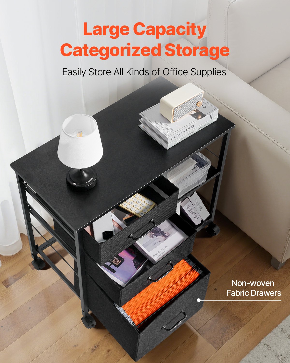 Makeup Organisation & Storage: VEVOR Mobile Metal File Cabinet with 3 Fabric Drawers and 2 Open Shelves Black