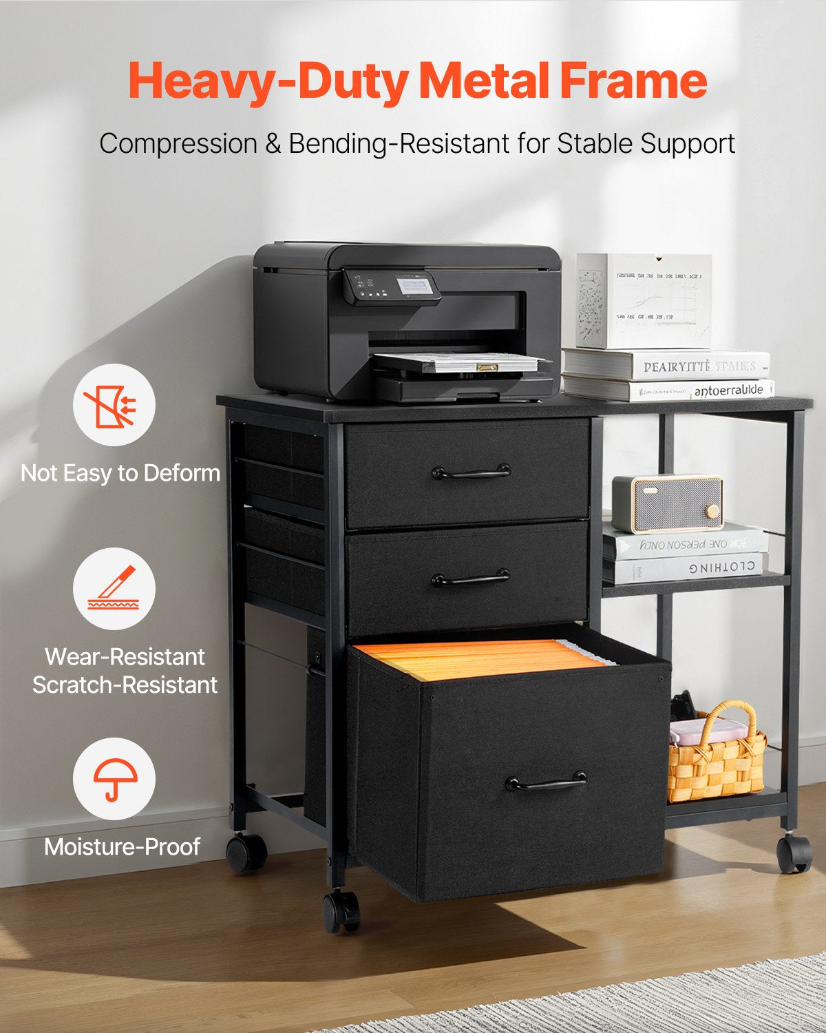 Makeup Organisation & Storage: VEVOR Mobile Metal File Cabinet with 3 Fabric Drawers and 2 Open Shelves Black
