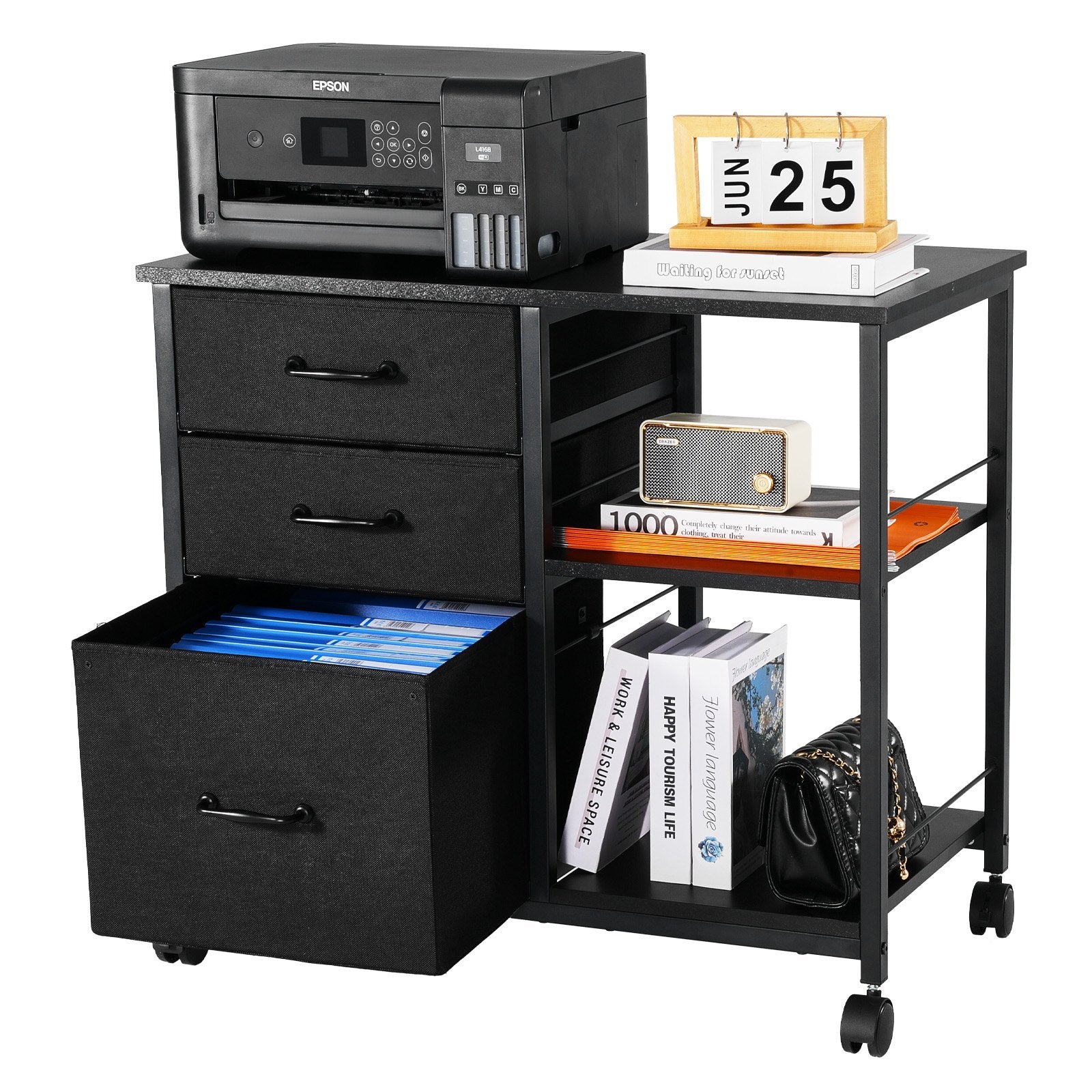 Makeup Organisation & Storage: VEVOR Mobile Metal File Cabinet with 3 Fabric Drawers and 2 Open Shelves Black