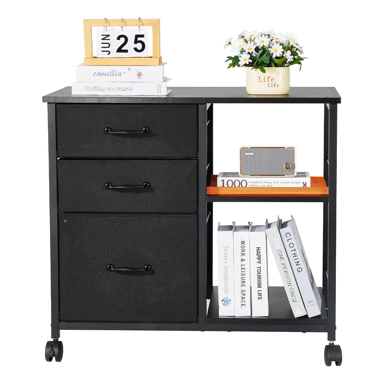 Makeup Organisation & Storage: VEVOR Mobile Metal File Cabinet with 3 Fabric Drawers and 2 Open Shelves Black