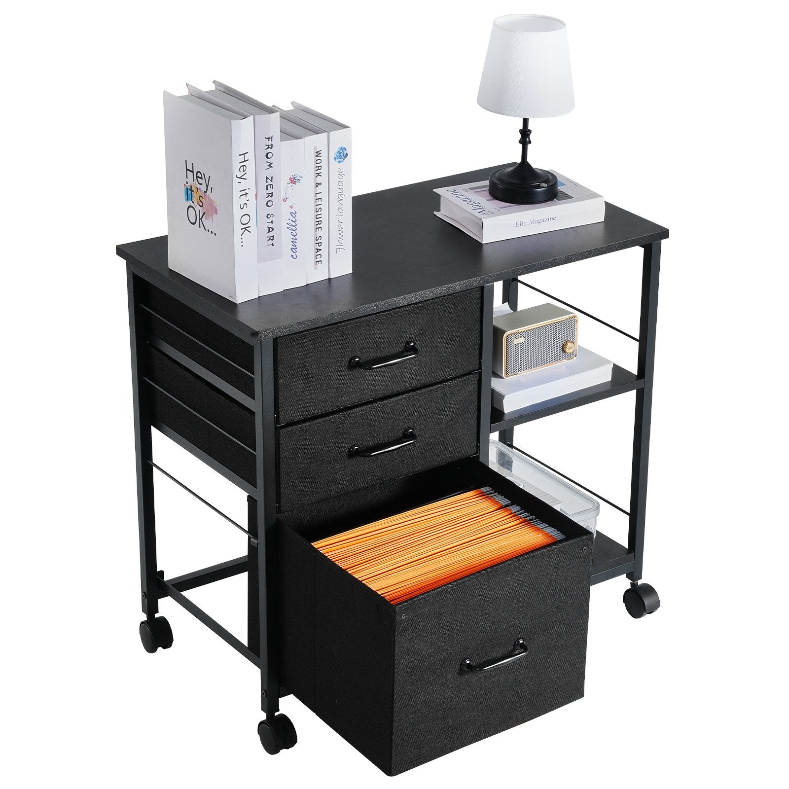 Makeup Organisation & Storage: VEVOR Mobile Metal File Cabinet with 3 Fabric Drawers and 2 Open Shelves Black