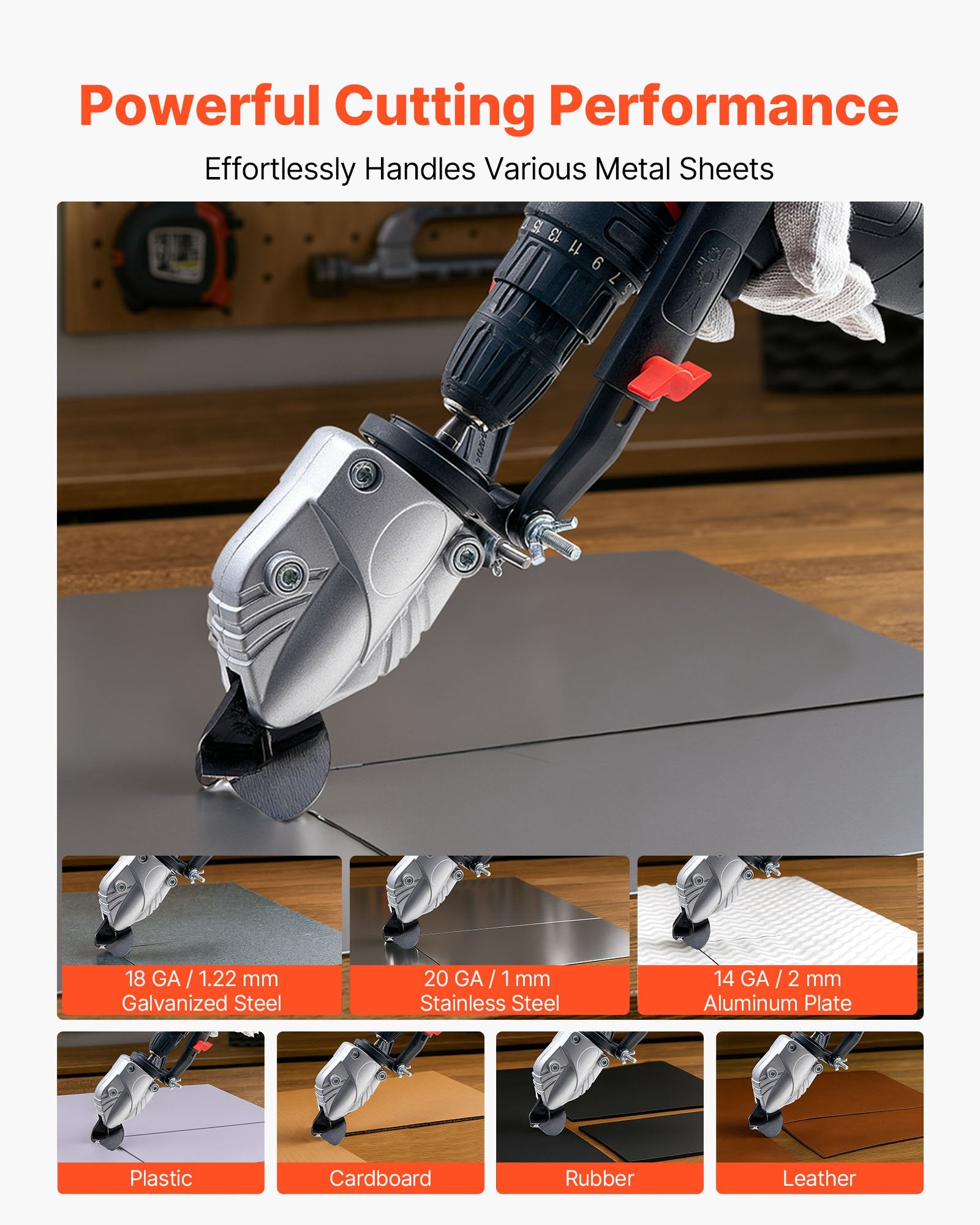 Tape: VEVOR Metal Shear/Cutter Drill Attachment, Sheet Metal Cutter with 360-Degree Pivoting Head, Sharp Blades,Ideal for 18 GA Galvanized Steel, 20 GA Stainless Steel, Aluminum Plate, Plastic, Cardboard