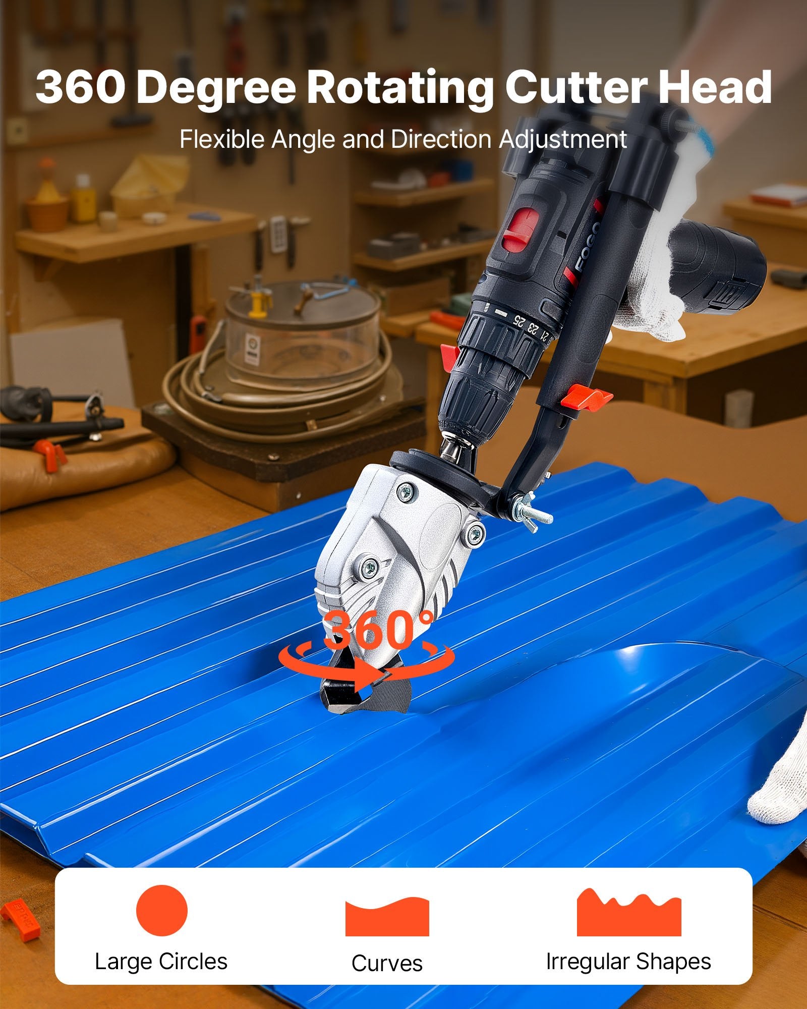 Tape: VEVOR Metal Shear/Cutter Drill Attachment, Sheet Metal Cutter with 360-Degree Pivoting Head, Sharp Blades,Ideal for 18 GA Galvanized Steel, 20 GA Stainless Steel, Aluminum Plate, Plastic, Cardboard