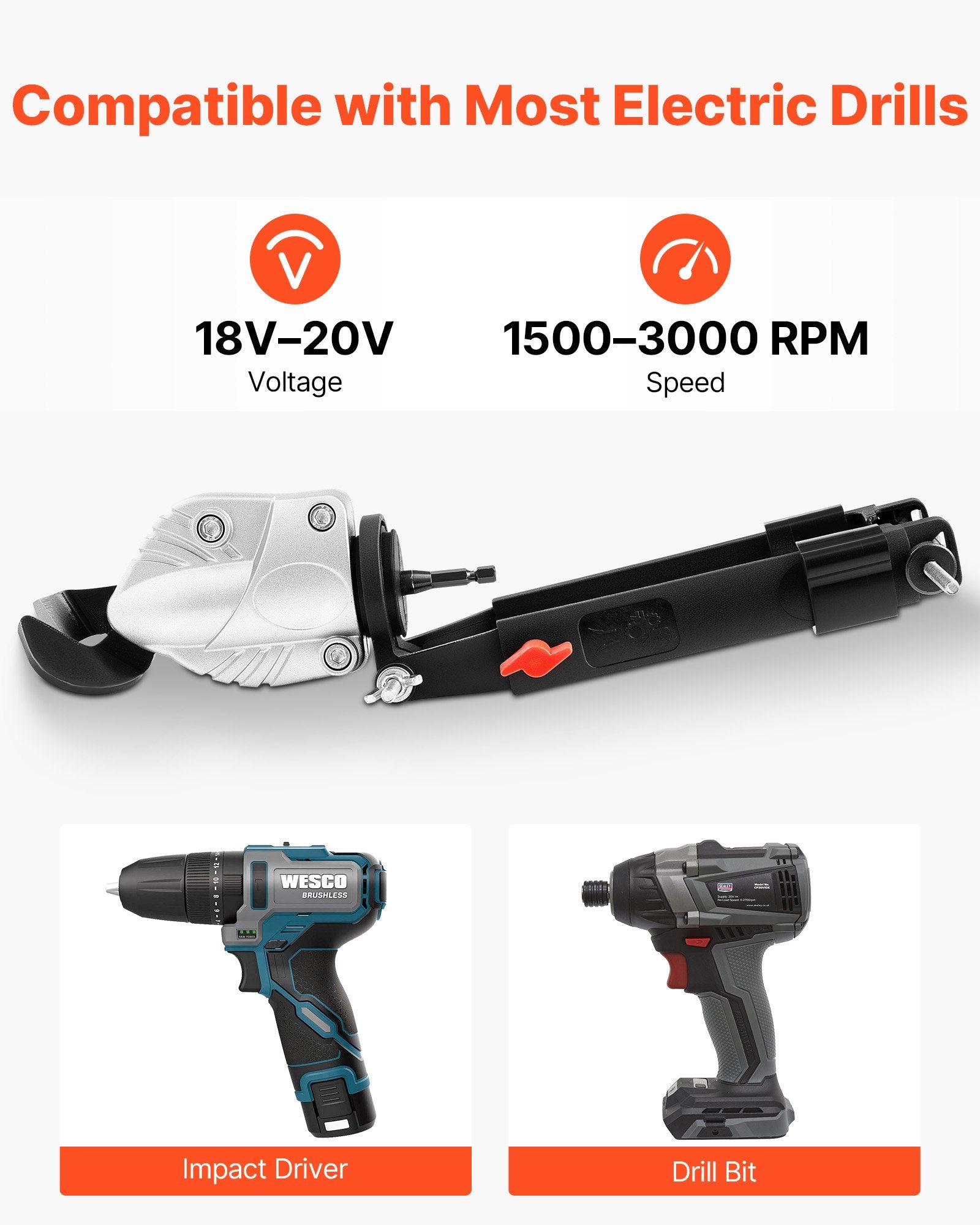 Tape: VEVOR Metal Shear/Cutter Drill Attachment, Sheet Metal Cutter with 360-Degree Pivoting Head, Sharp Blades,Ideal for 18 GA Galvanized Steel, 20 GA Stainless Steel, Aluminum Plate, Plastic, Cardboard