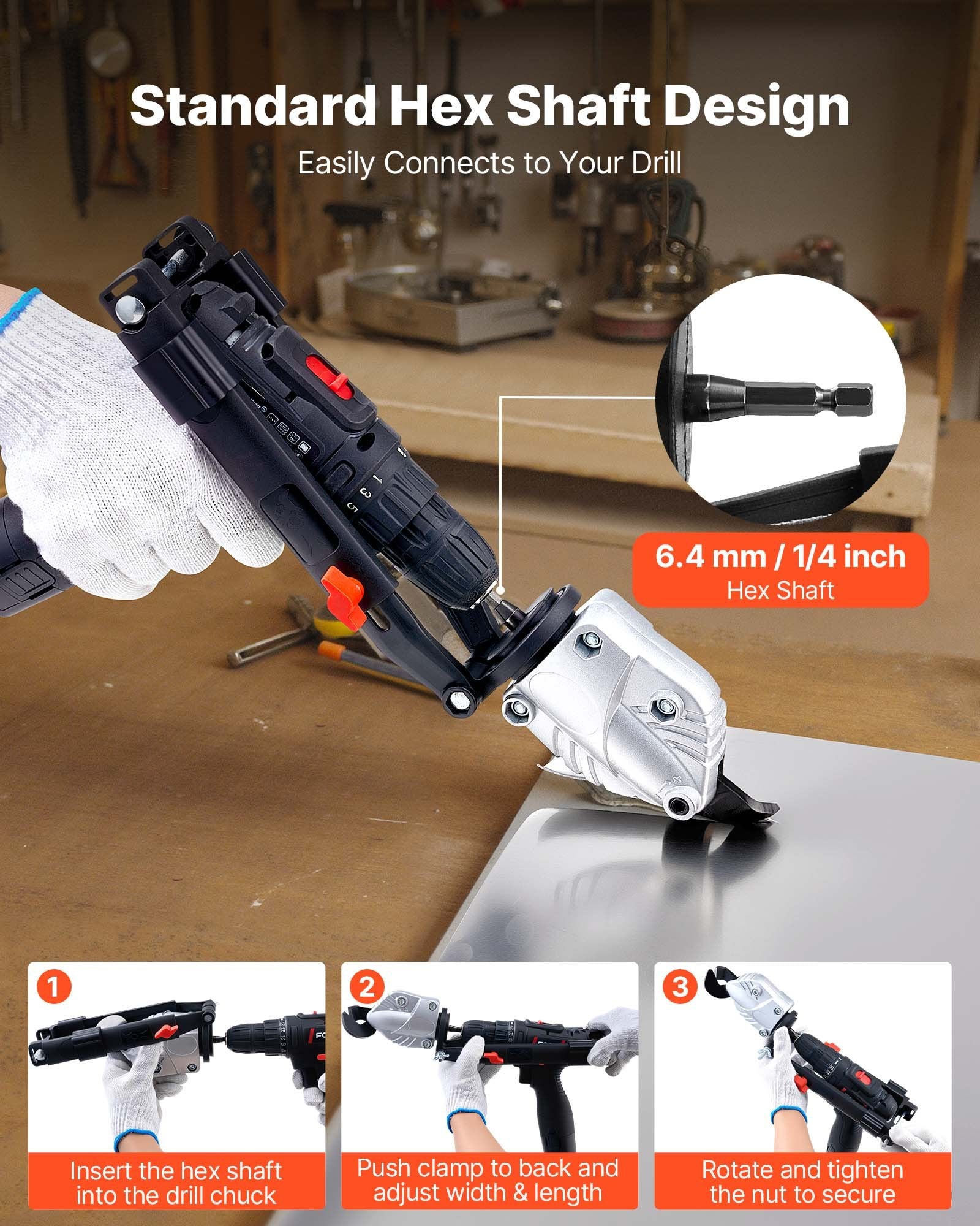 Tape: VEVOR Metal Shear/Cutter Drill Attachment, Sheet Metal Cutter with 360-Degree Pivoting Head, Sharp Blades,Ideal for 18 GA Galvanized Steel, 20 GA Stainless Steel, Aluminum Plate, Plastic, Cardboard