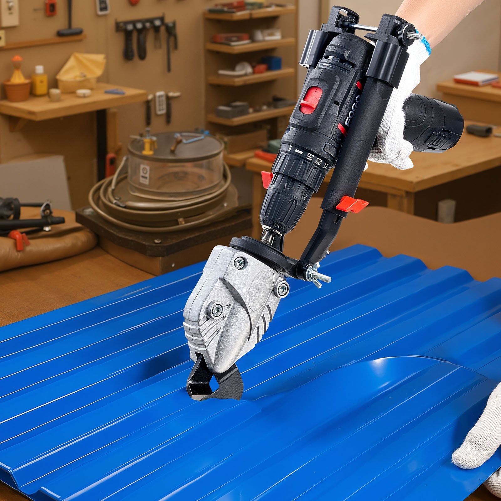 Tape: VEVOR Metal Shear/Cutter Drill Attachment, Sheet Metal Cutter with 360-Degree Pivoting Head, Sharp Blades,Ideal for 18 GA Galvanized Steel, 20 GA Stainless Steel, Aluminum Plate, Plastic, Cardboard