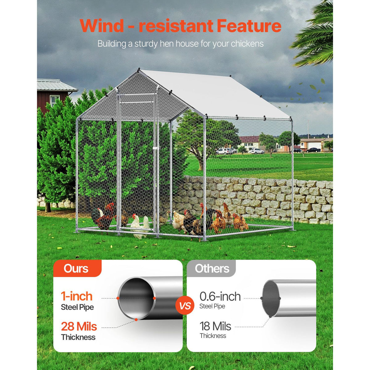 Metal Chicken Coop, 6.56x6.56x6.56ft Large Walk-in Chicken Runs with Cover, Spire Roof Hen House Enclosure with Security Lock, Outdoor Duck Rabbit Cage Poultry Pen for Backyard, Farm, Yard