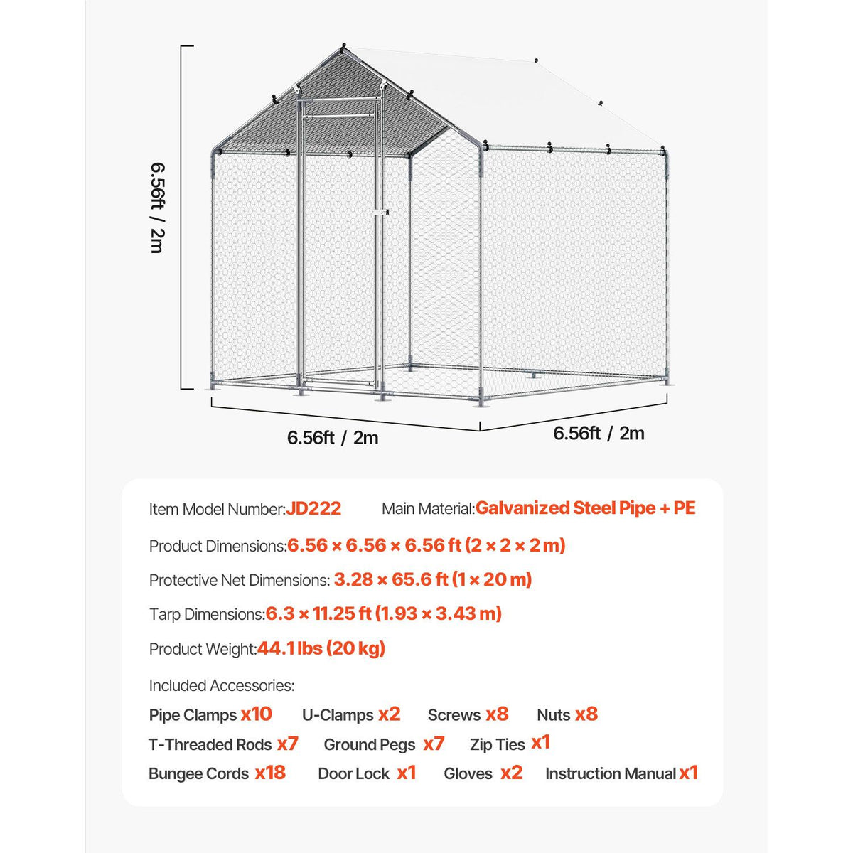 Metal Chicken Coop, 6.56x6.56x6.56ft Large Walk-in Chicken Runs with Cover, Spire Roof Hen House Enclosure with Security Lock, Outdoor Duck Rabbit Cage Poultry Pen for Backyard, Farm, Yard