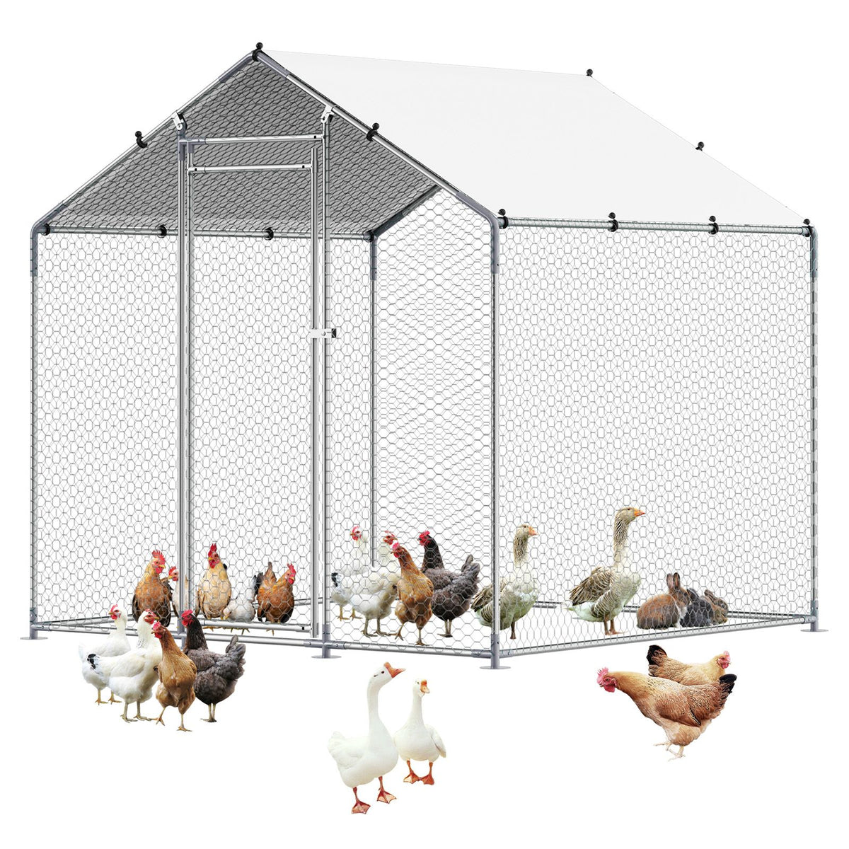 Metal Chicken Coop, 6.56x6.56x6.56ft Large Walk-in Chicken Runs with Cover, Spire Roof Hen House Enclosure with Security Lock, Outdoor Duck Rabbit Cage Poultry Pen for Backyard, Farm, Yard