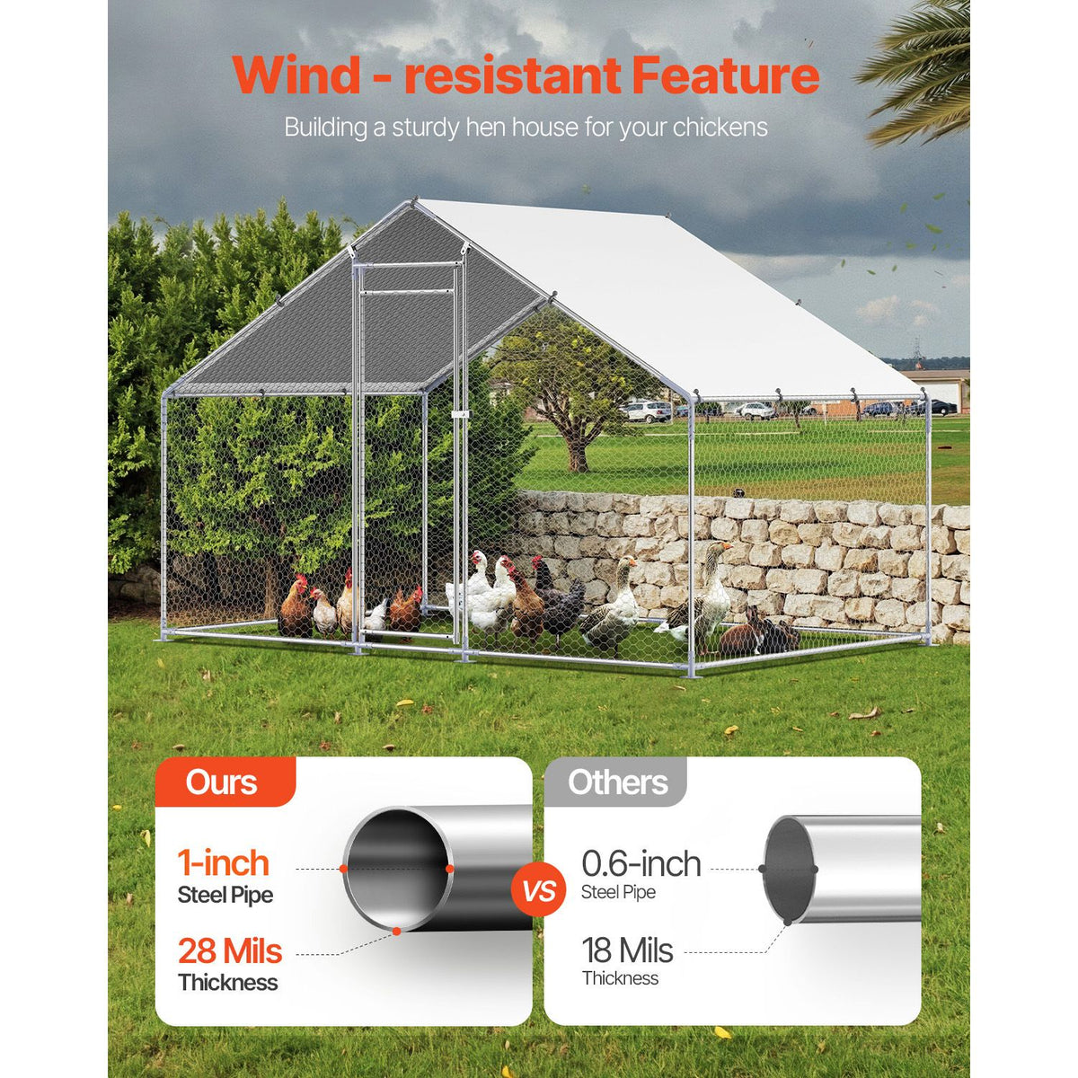 Metal Chicken Coop, 9.8x6.5x6.5ft Large Walk-in Chicken Runs with Cover, Spire Roof Hen House Enclosure with Security Lock, Outdoor Duck Rabbit Cage Poultry Pen for Backyard, Farm, Yard