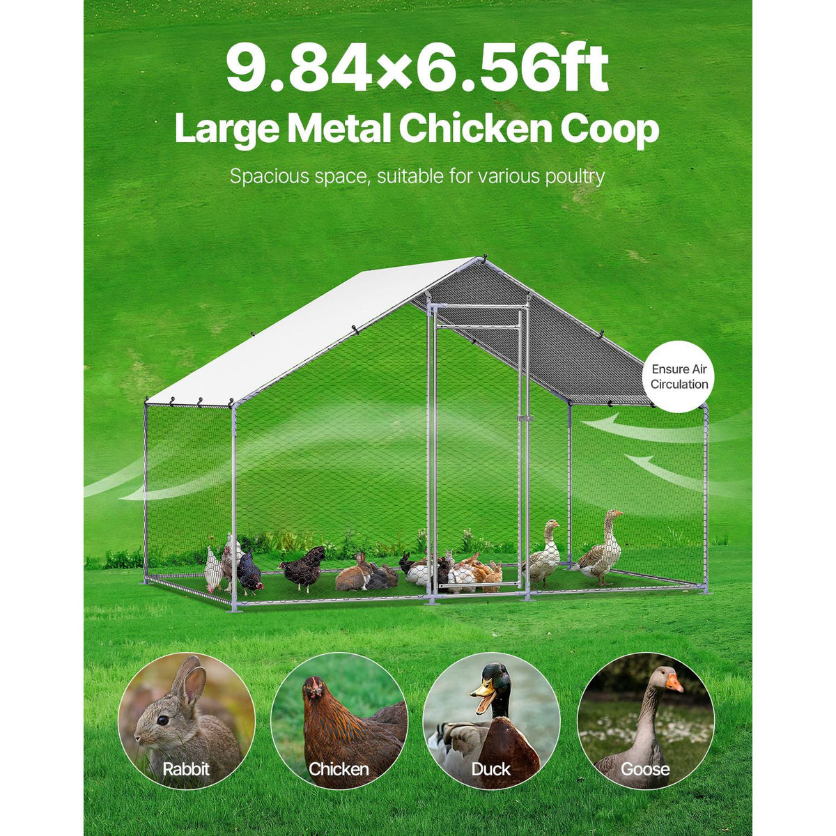 Metal Chicken Coop, 9.8x6.5x6.5ft Large Walk-in Chicken Runs with Cover, Spire Roof Hen House Enclosure with Security Lock, Outdoor Duck Rabbit Cage Poultry Pen for Backyard, Farm, Yard