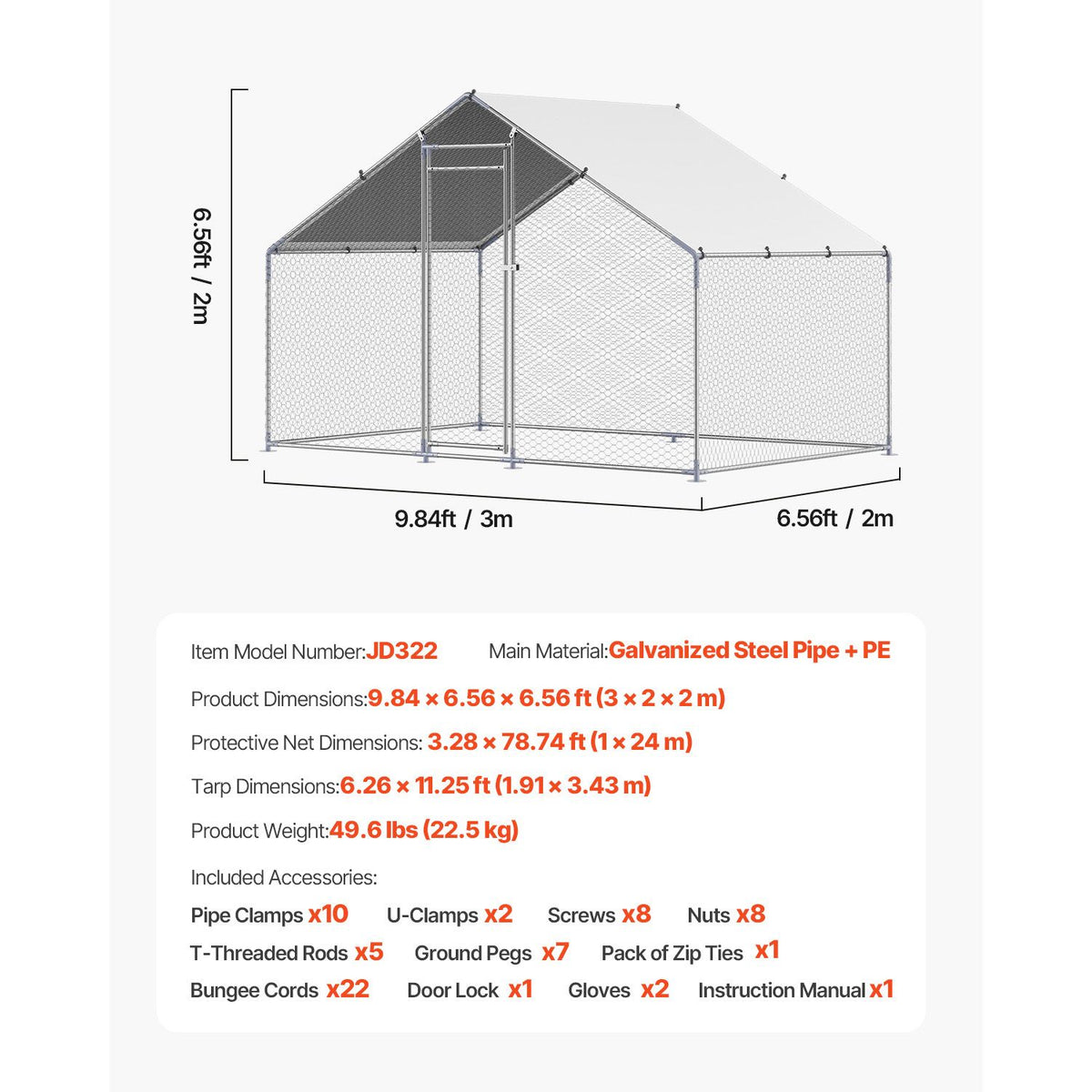 Metal Chicken Coop, 9.8x6.5x6.5ft Large Walk-in Chicken Runs with Cover, Spire Roof Hen House Enclosure with Security Lock, Outdoor Duck Rabbit Cage Poultry Pen for Backyard, Farm, Yard