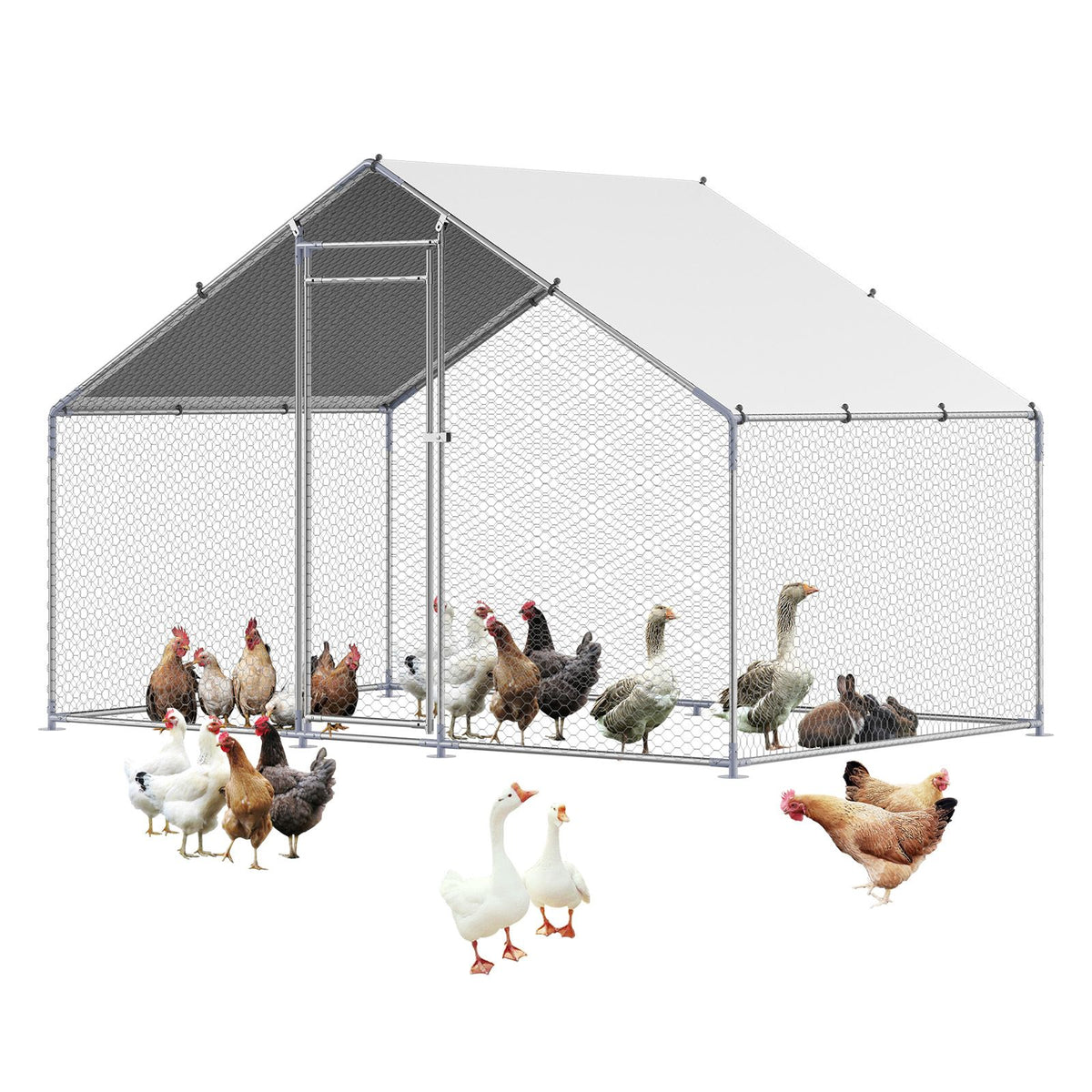 Metal Chicken Coop, 9.8x6.5x6.5ft Large Walk-in Chicken Runs with Cover, Spire Roof Hen House Enclosure with Security Lock, Outdoor Duck Rabbit Cage Poultry Pen for Backyard, Farm, Yard