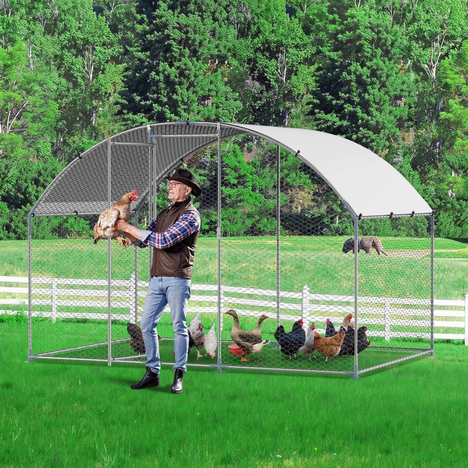Metal Chicken Coop, 9.8x6.5x6.5ft Large Walk-in Chicken Runs with Cover, Doom Roof Hen House Enclosure with Security Lock, Outdoor Duck Rabbit Cage Poultry Pen for Backyard, Farm, Yard