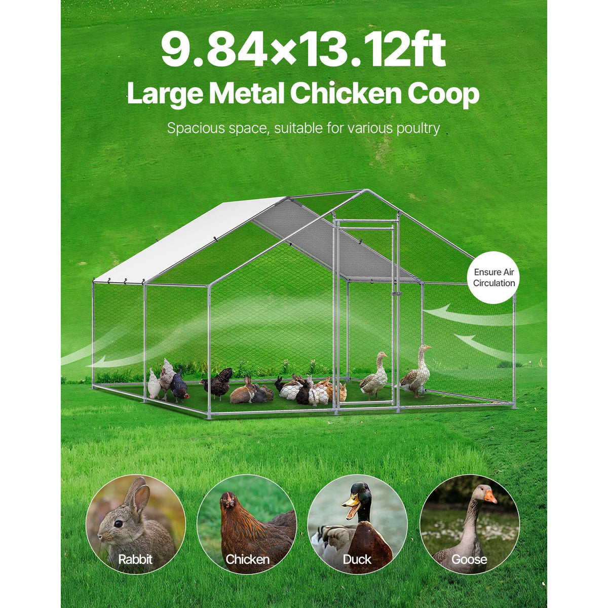 Metal Chicken Coop, 9.8x13.1x6.5 ft Large Walk-in Chicken Runs with Cover, Spire Roof Hen House Enclosure with Security Lock, Outdoor Duck Rabbit Cage Poultry Pen for Backyard, Farm, Yard