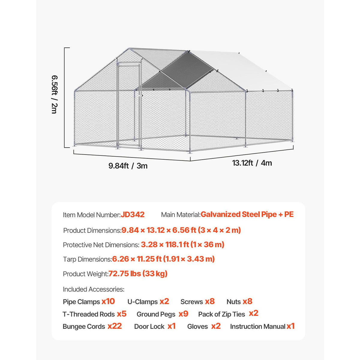 Metal Chicken Coop, 9.8x13.1x6.5 ft Large Walk-in Chicken Runs with Cover, Spire Roof Hen House Enclosure with Security Lock, Outdoor Duck Rabbit Cage Poultry Pen for Backyard, Farm, Yard