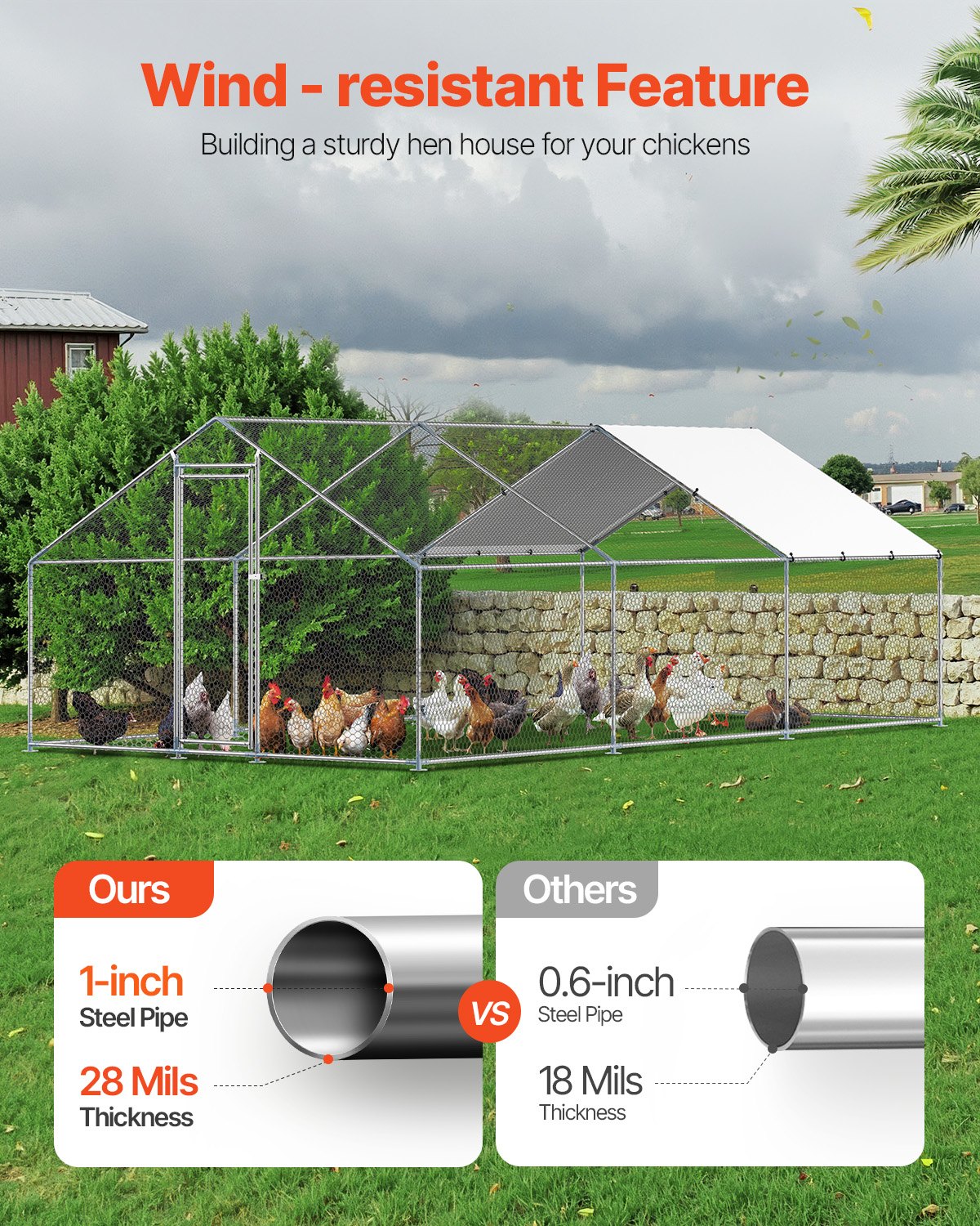 Metal Chicken Coop 9.8x19.6x6.5 ft Walk-in Chicken Run with Cover Spire Roof