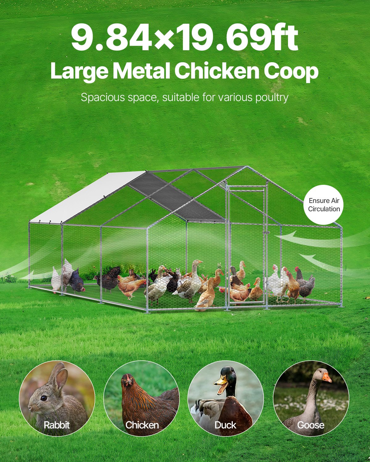 Metal Chicken Coop 9.8x19.6x6.5 ft Walk-in Chicken Run with Cover Spire Roof