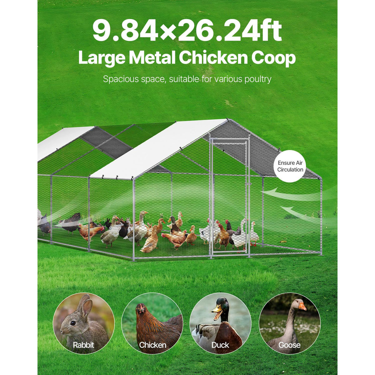 Metal Chicken Coop, 9.8x26.2x6.5 ft Large Walk-in Chicken Runs with Cover, Spire Roof Hen House Enclosure with Security Lock, Outdoor Duck Rabbit Cage Poultry Pen for Backyard, Farm, Yard