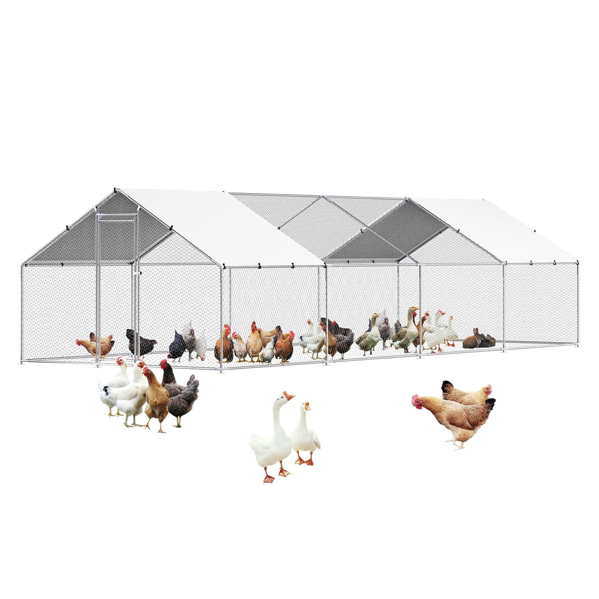 Metal Chicken Coop, 9.8x26.2x6.5 ft Large Walk-in Chicken Runs with Cover, Spire Roof Hen House Enclosure with Security Lock, Outdoor Duck Rabbit Cage Poultry Pen for Backyard, Farm, Yard