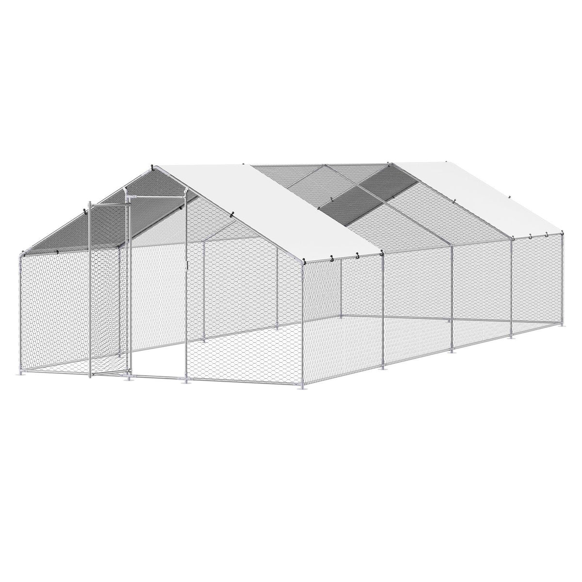 Metal Chicken Coop, 9.8x26.2x6.5 ft Large Walk-in Chicken Runs with Cover, Spire Roof Hen House Enclosure with Security Lock, Outdoor Duck Rabbit Cage Poultry Pen for Backyard, Farm, Yard