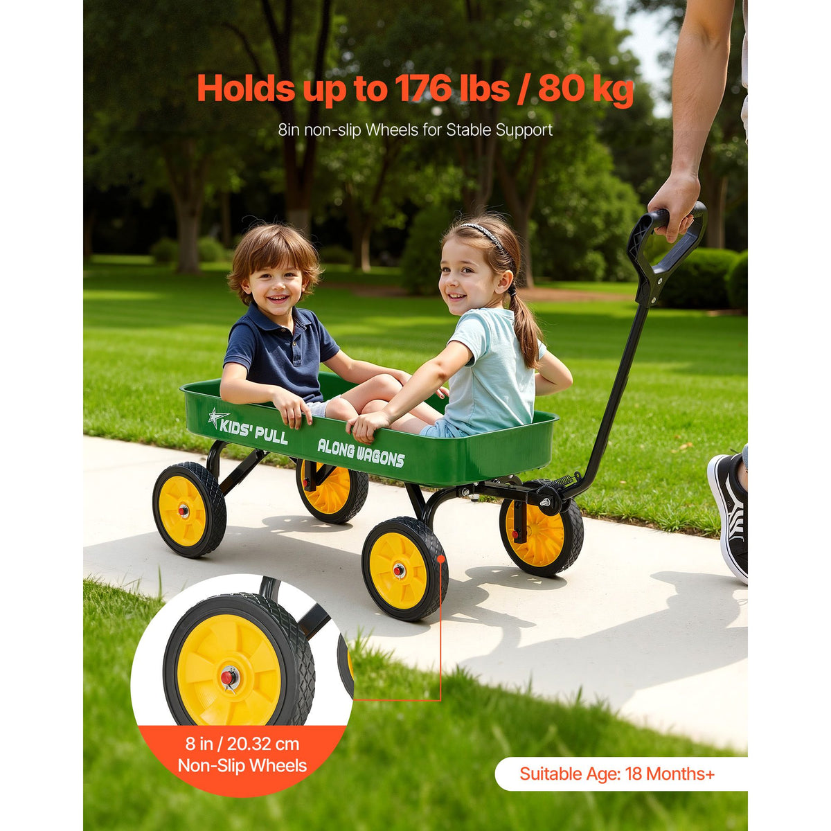 Pull-Along Wagon for Kids, 101 cm Toddler Wagons, Supports up to 80kg, All-Terrain Wagons with Handle, Utility Wagon Cart Birthday Present for Kids Gardening Beach Camping, Green