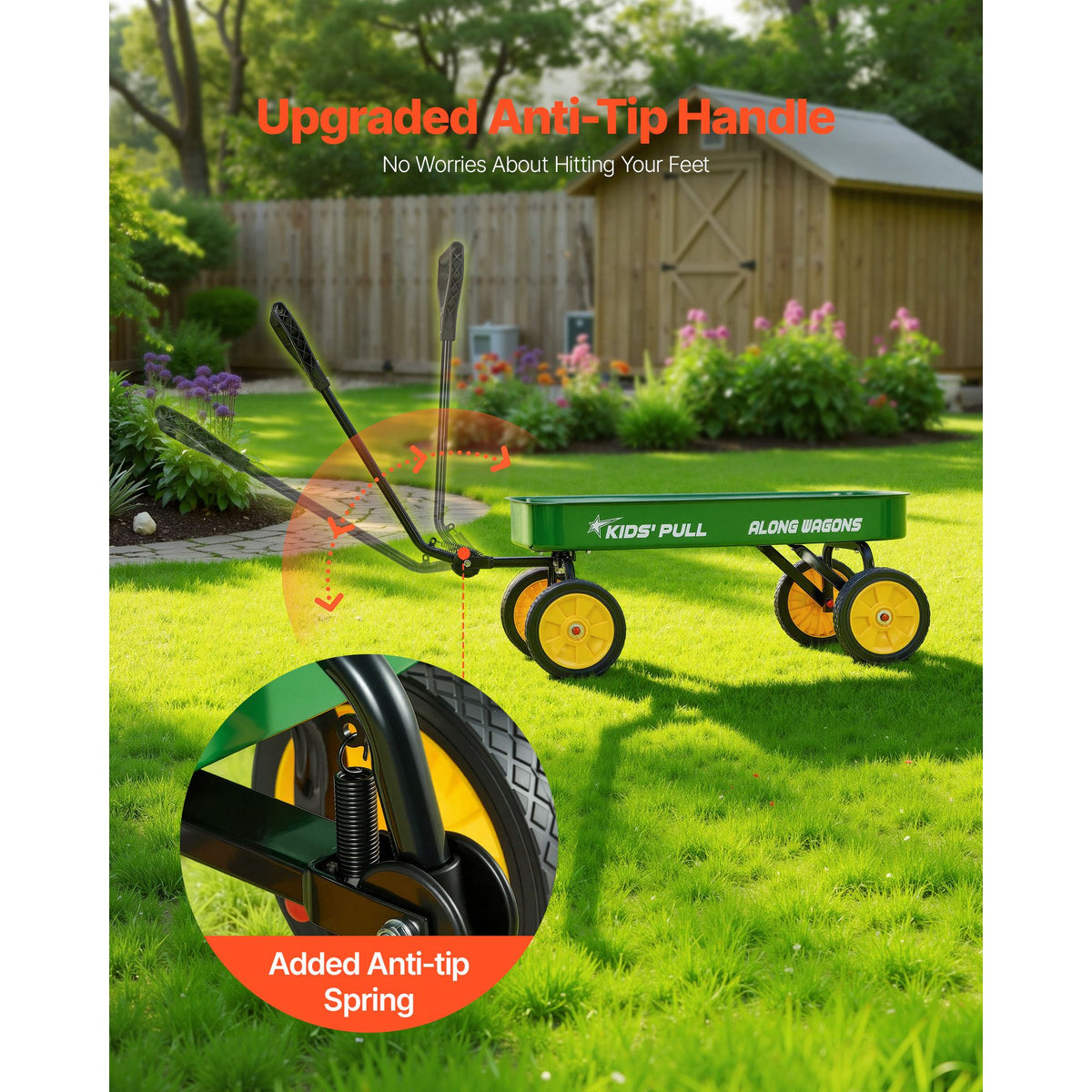 Pull-Along Wagon for Kids, 101 cm Toddler Wagons, Supports up to 80kg, All-Terrain Wagons with Handle, Utility Wagon Cart Birthday Present for Kids Gardening Beach Camping, Green