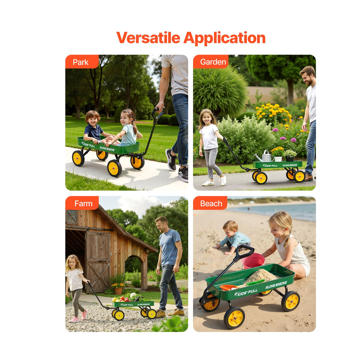 Pull-Along Wagon for Kids, 101 cm Toddler Wagons, Supports up to 80kg, All-Terrain Wagons with Handle, Utility Wagon Cart Birthday Present for Kids Gardening Beach Camping, Green