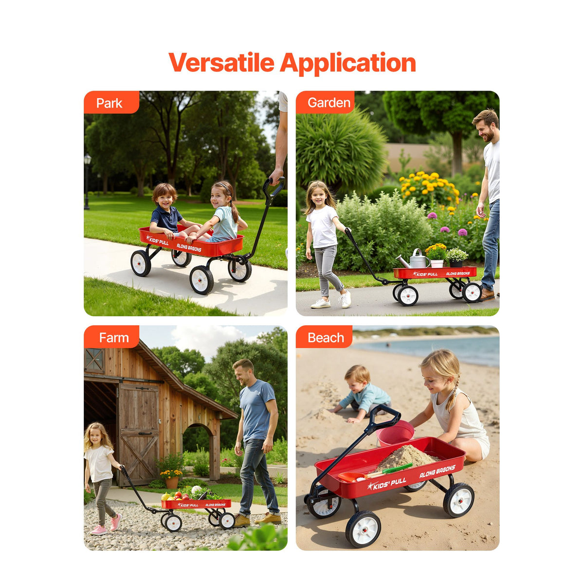Pull-Along Wagon for Kids, 101 cm Toddler Wagons, Supports up to 80kg, All-Terrain Wagons with Handle, Utility Wagon Cart Birthday Present for Kids Gardening Beach Camping, Red