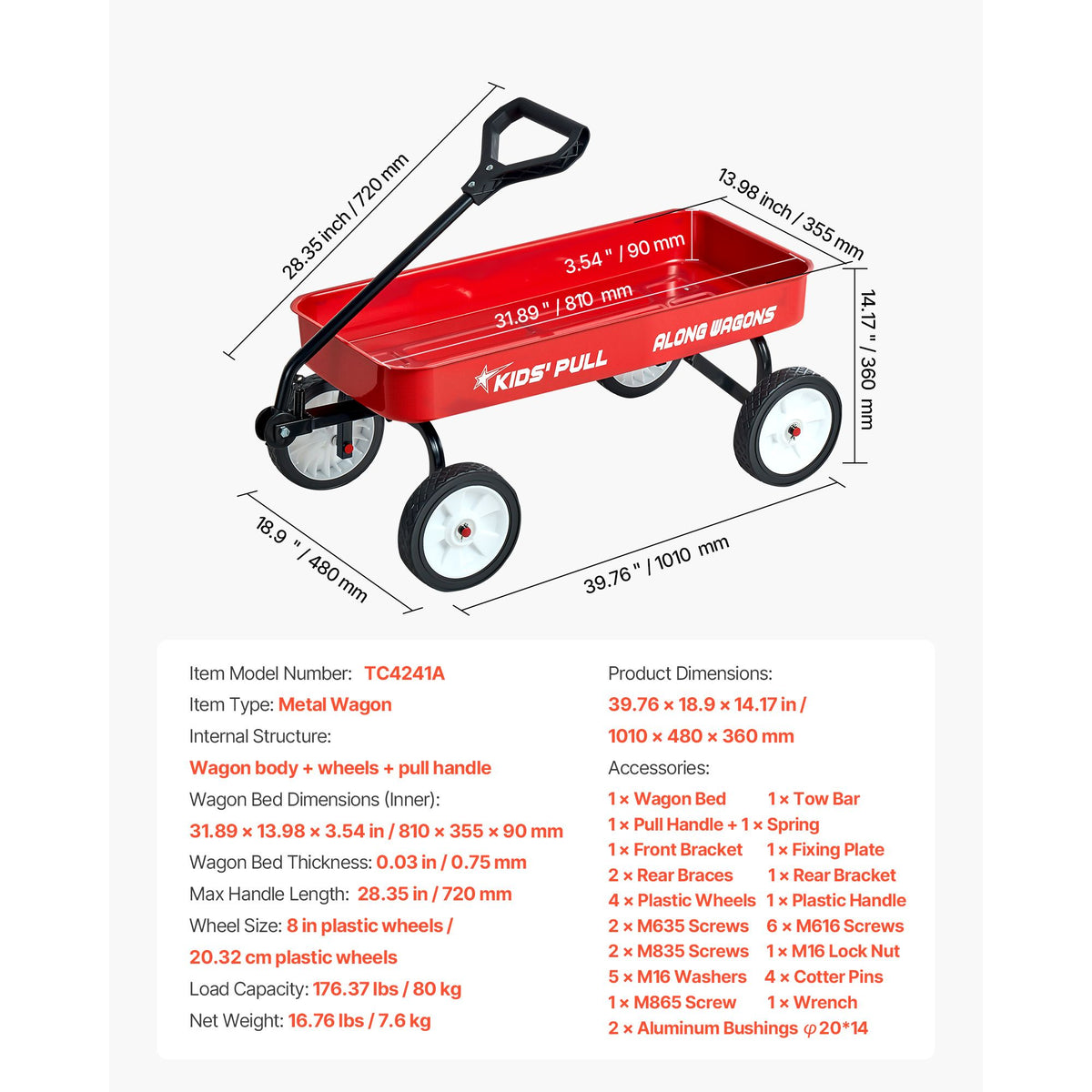 Pull-Along Wagon for Kids, 101 cm Toddler Wagons, Supports up to 80kg, All-Terrain Wagons with Handle, Utility Wagon Cart Birthday Present for Kids Gardening Beach Camping, Red