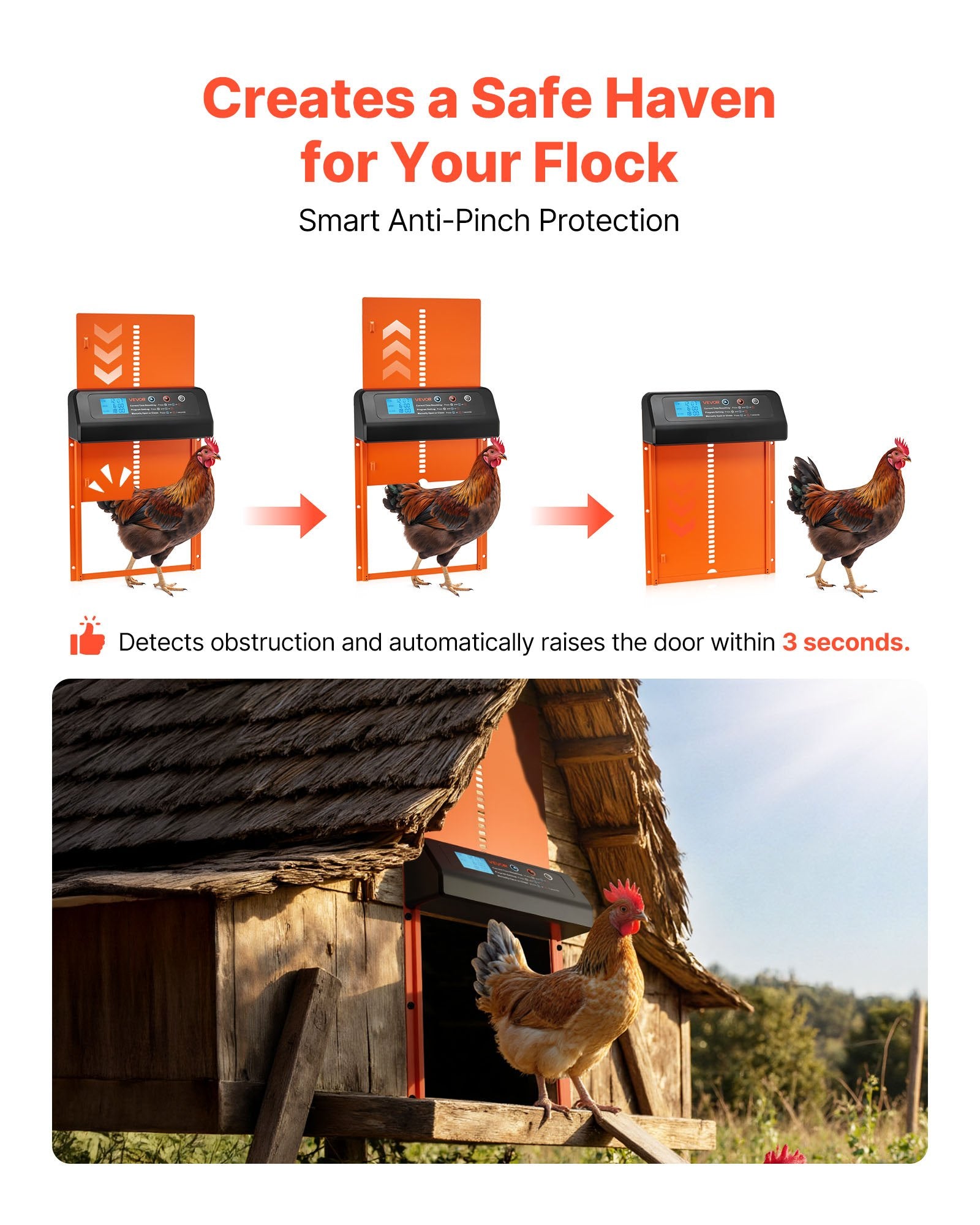 Cat Carriers & Crates: VEVOR Automatic Chicken Coop Door, Battery Powered Chicken Coop Door with Timer & Manual Setting, Anti-Pinch Security, Durable Aluminum Alloy, Chick Run Gate Opener with Waterproof Sealing, Orange