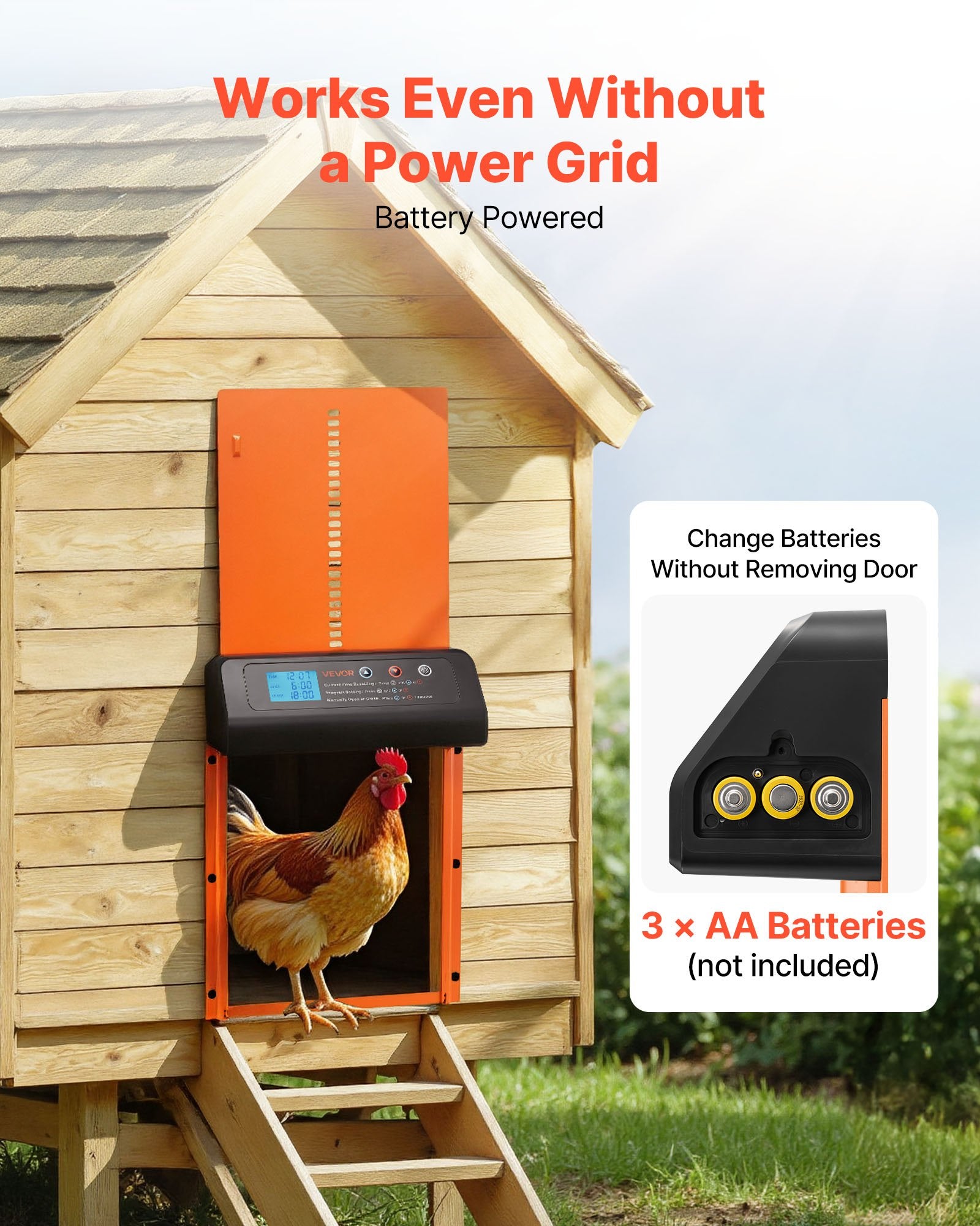 Cat Carriers & Crates: VEVOR Automatic Chicken Coop Door, Battery Powered Chicken Coop Door with Timer & Manual Setting, Anti-Pinch Security, Durable Aluminum Alloy, Chick Run Gate Opener with Waterproof Sealing, Orange