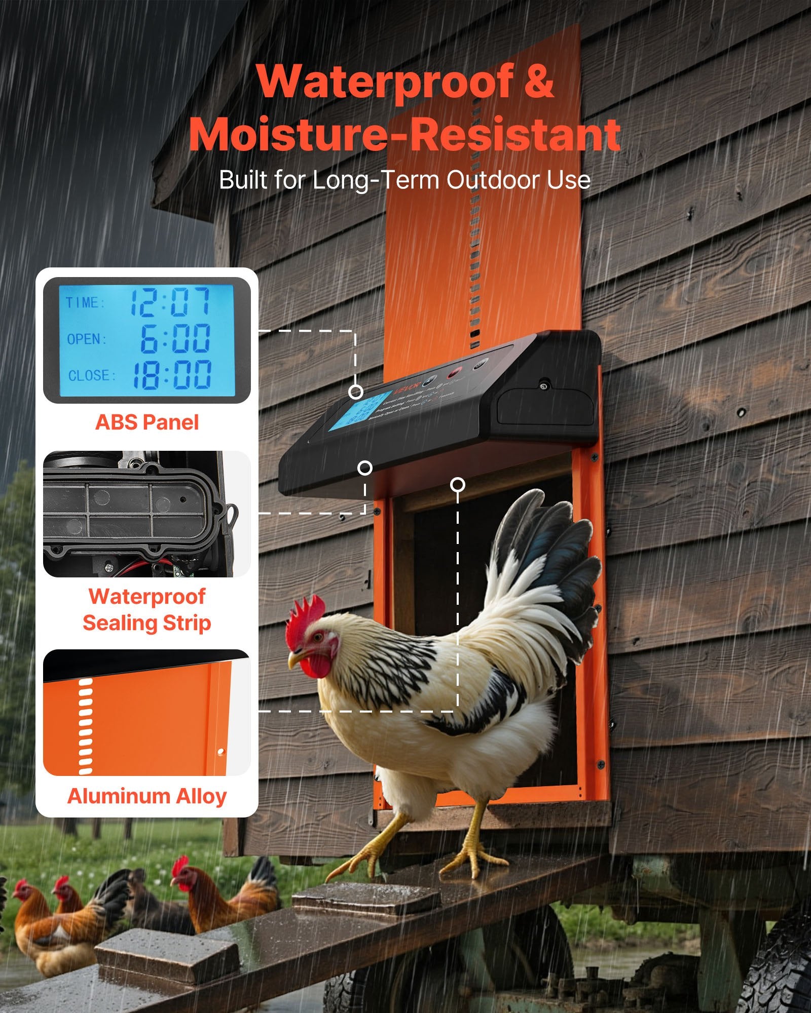 Cat Carriers & Crates: VEVOR Automatic Chicken Coop Door, Battery Powered Chicken Coop Door with Timer & Manual Setting, Anti-Pinch Security, Durable Aluminum Alloy, Chick Run Gate Opener with Waterproof Sealing, Orange