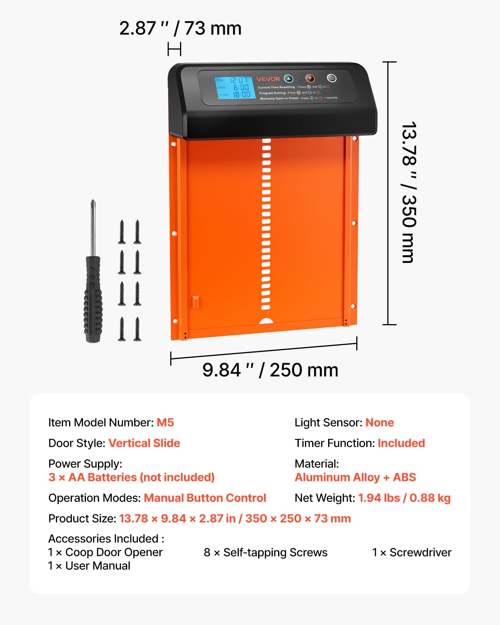 Cat Carriers & Crates: VEVOR Automatic Chicken Coop Door, Battery Powered Chicken Coop Door with Timer & Manual Setting, Anti-Pinch Security, Durable Aluminum Alloy, Chick Run Gate Opener with Waterproof Sealing, Orange