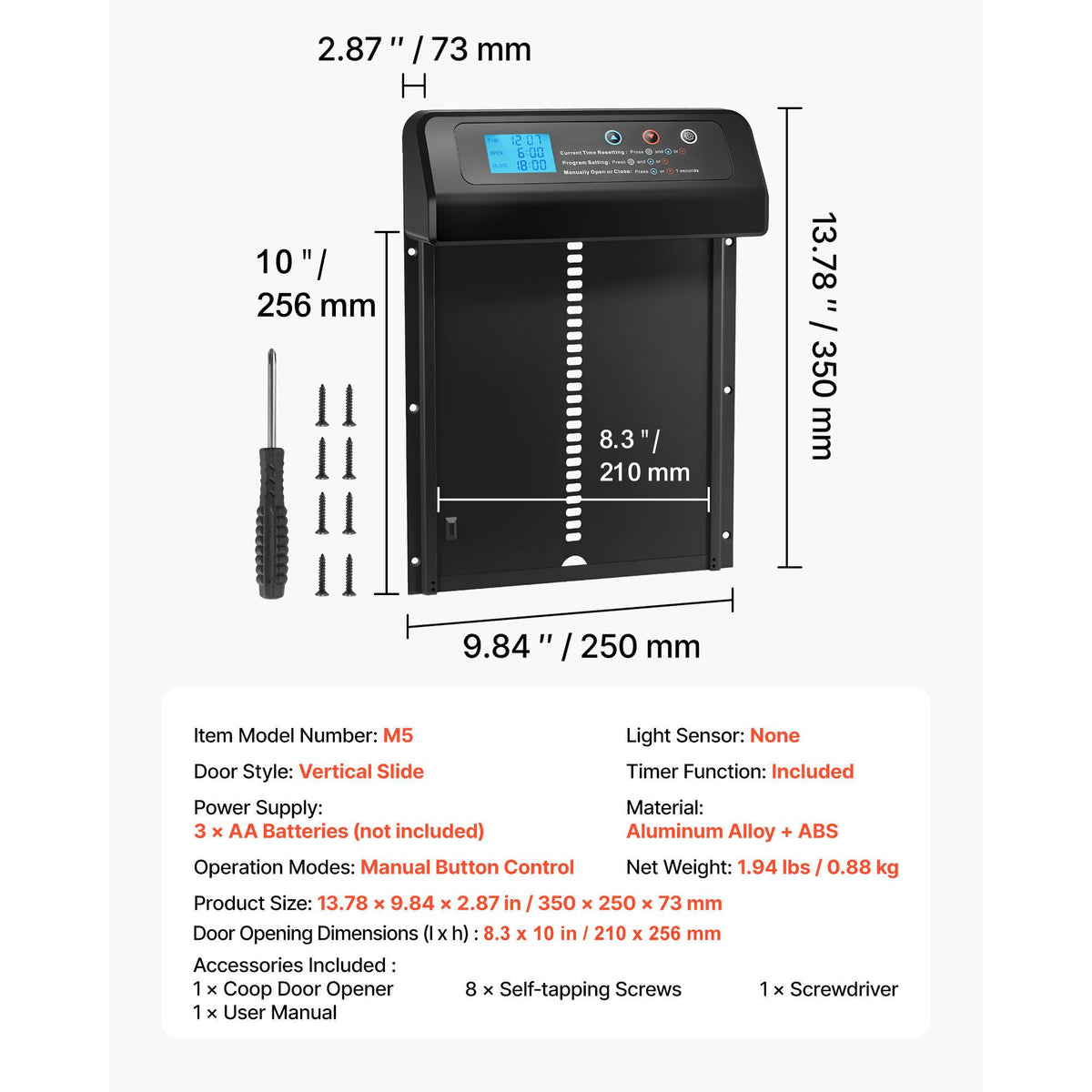 Automatic Chicken Coop Door, Battery Powered Chicken Coop Door with Timer & Manual Setting, Anti-Pinch Security, Durable Aluminum Alloy, Auto Chick Run Gate Opener with Waterproof Sealing, Black