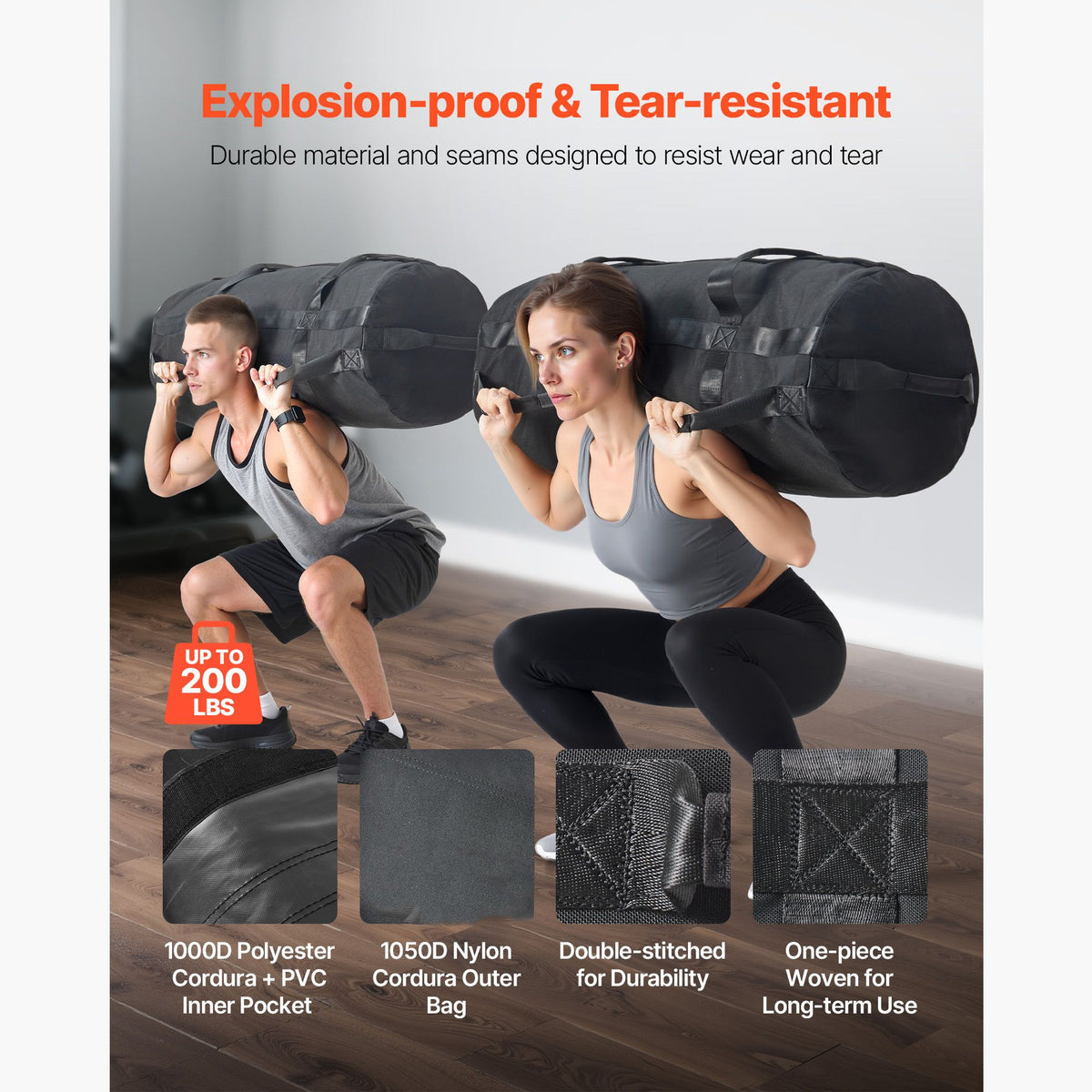 Workout Sandbag, Heavy Duty Workout Power Bags with Handles, 56-90 kg Adjustable Slam Bag for Fitness Strength Weight Training Cross-Training, Home Gym Exercise, Black (Unfilled)