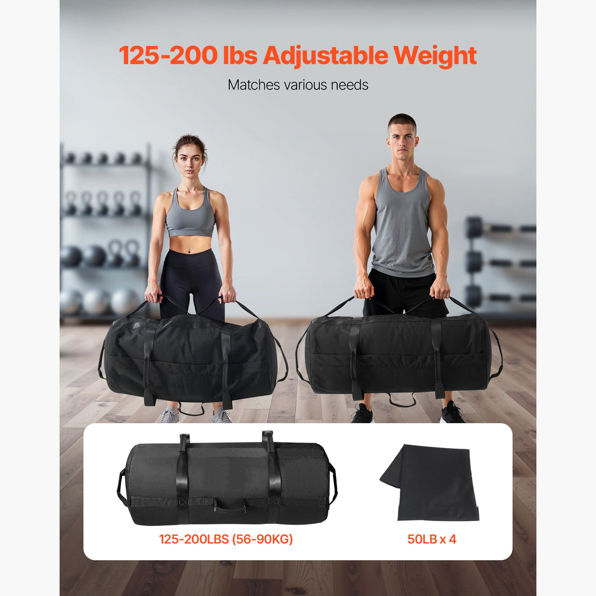 Workout Sandbag, Heavy Duty Workout Power Bags with Handles, 56-90 kg Adjustable Slam Bag for Fitness Strength Weight Training Cross-Training, Home Gym Exercise, Black (Unfilled)