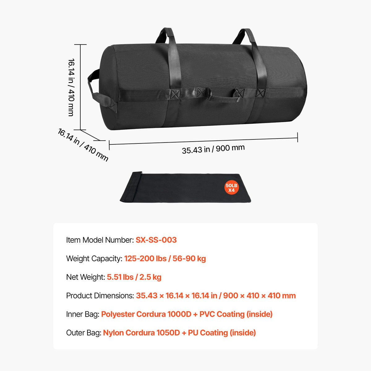 Workout Sandbag, Heavy Duty Workout Power Bags with Handles, 56-90 kg Adjustable Slam Bag for Fitness Strength Weight Training Cross-Training, Home Gym Exercise, Black (Unfilled)