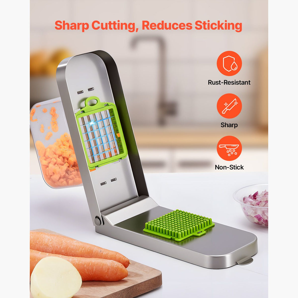 Vegetable Chopper, Food Veggie Cutter with 3 Stainless Steel Blades, Onion Slicer with Container, Salad Potato Dicer Kitchen Gadgets & Essentials Home Appliances Tools for Easy DIY, Silver