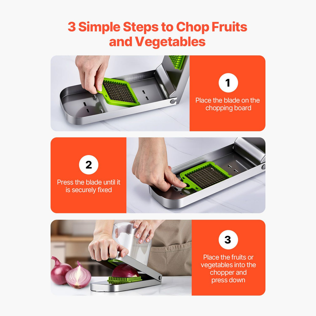 Vegetable Chopper, Food Veggie Cutter with 3 Stainless Steel Blades, Onion Slicer with Container, Salad Potato Dicer Kitchen Gadgets & Essentials Home Appliances Tools for Easy DIY, Silver