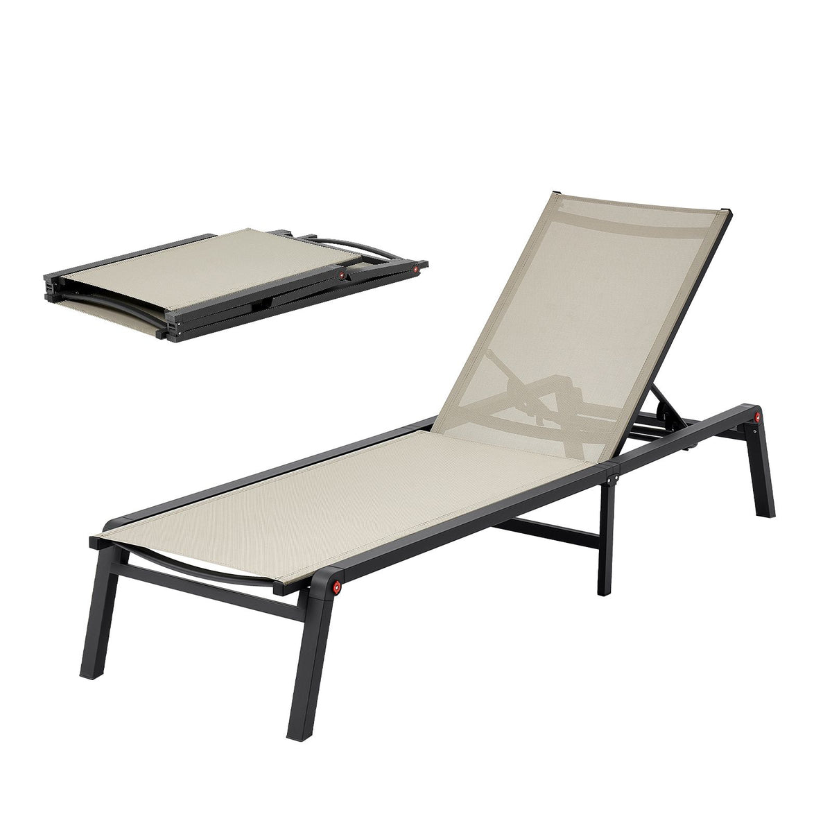 Outdoor Chaise Lounge Chair, 181 kg Weight Capacity, Foldable Sun Tanning Chair, 5 Adjustable Positions, Easy Assembly, Heavy Duty Aluminum Pool Recliner Lounge Chairs, for Beach Yard Patio