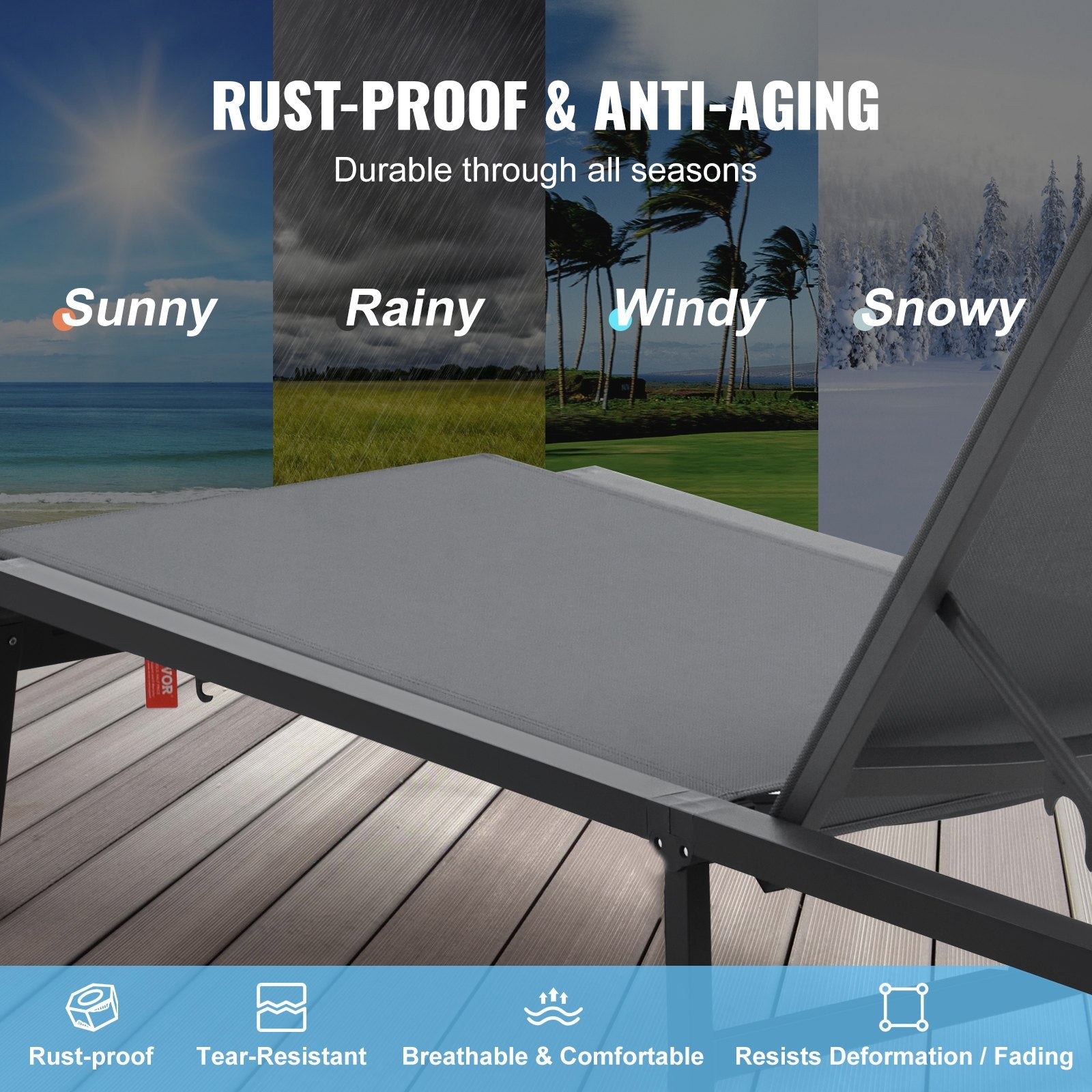 Chaise Lounge Chair Outdoor, Aluminum Patio Lounge Chair with Adjustable 5-Position, Folding Pool Lounge Chair Recliner and Full Flat Tanning Chair for Patio, Beach, Pool, Dark Grey
