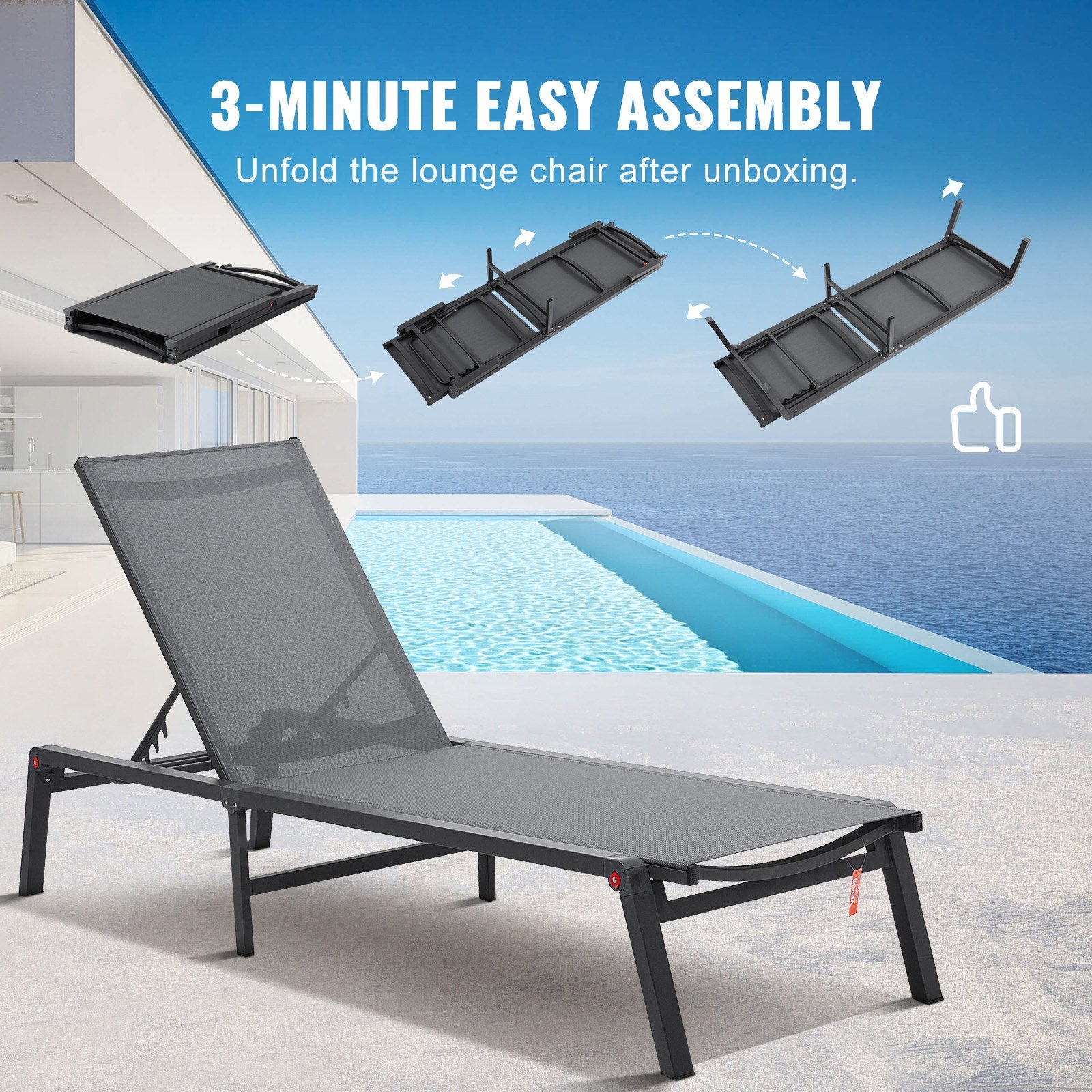 Chaise Lounge Chair Outdoor, Aluminum Patio Lounge Chair with Adjustable 5-Position, Folding Pool Lounge Chair Recliner and Full Flat Tanning Chair for Patio, Beach, Pool, Dark Grey