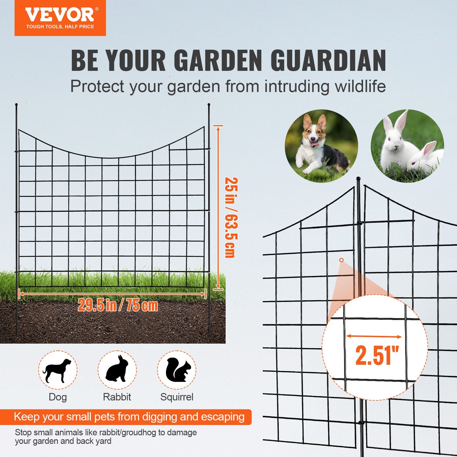 Fencing: VEVOR Garden Fence, 75×93 cm Animal Barrier Fence, Underground Decorative Garden Fencing with 6.38 cm Spike Spacing, Metal Dog Fence for the Yard and Outdoor Patio, 5 Pack