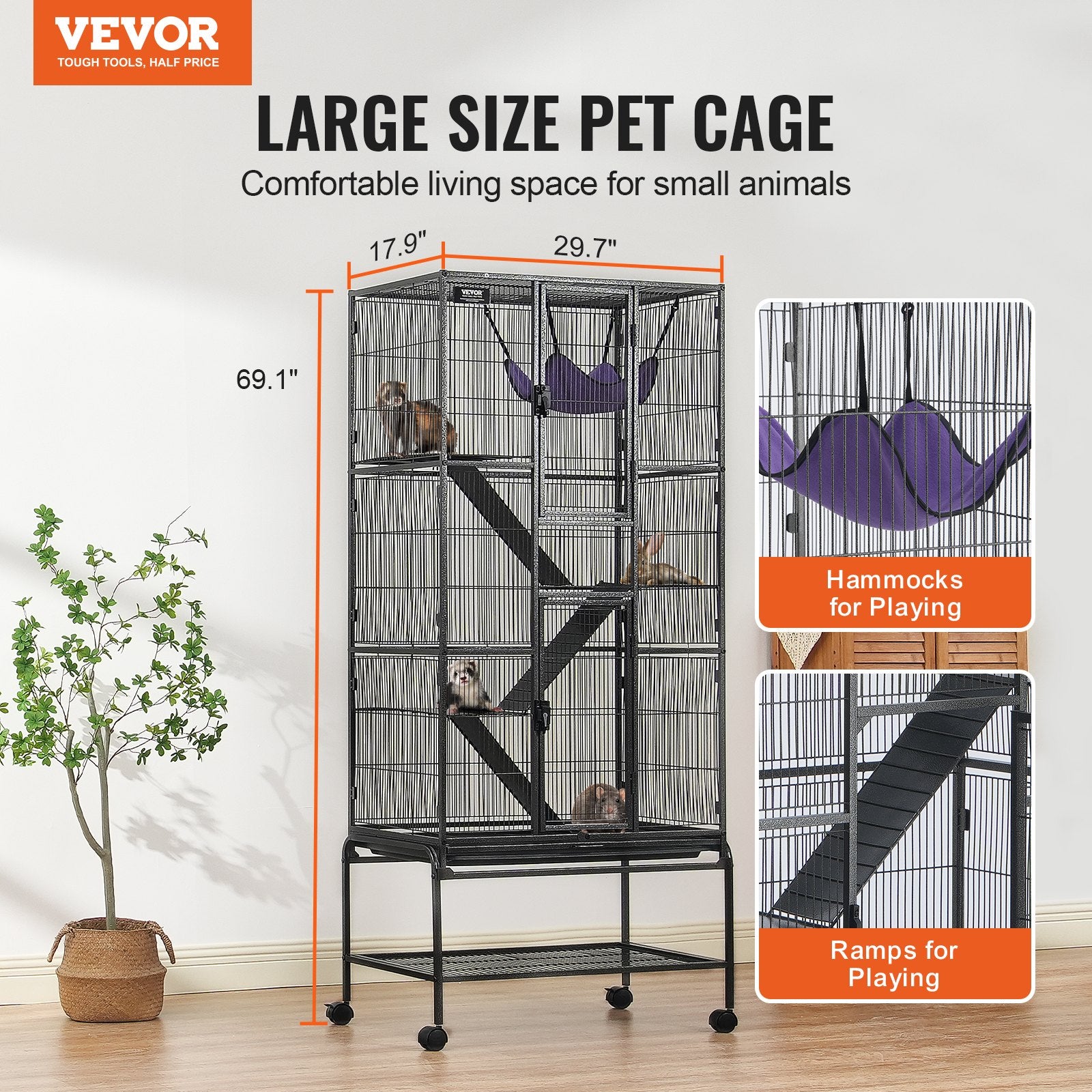 Bird Cages & Stands: VEVOR 69" Metal Small Animal Cage 4-Tier Rolling Ferret Cage with Tray 3 Ramps